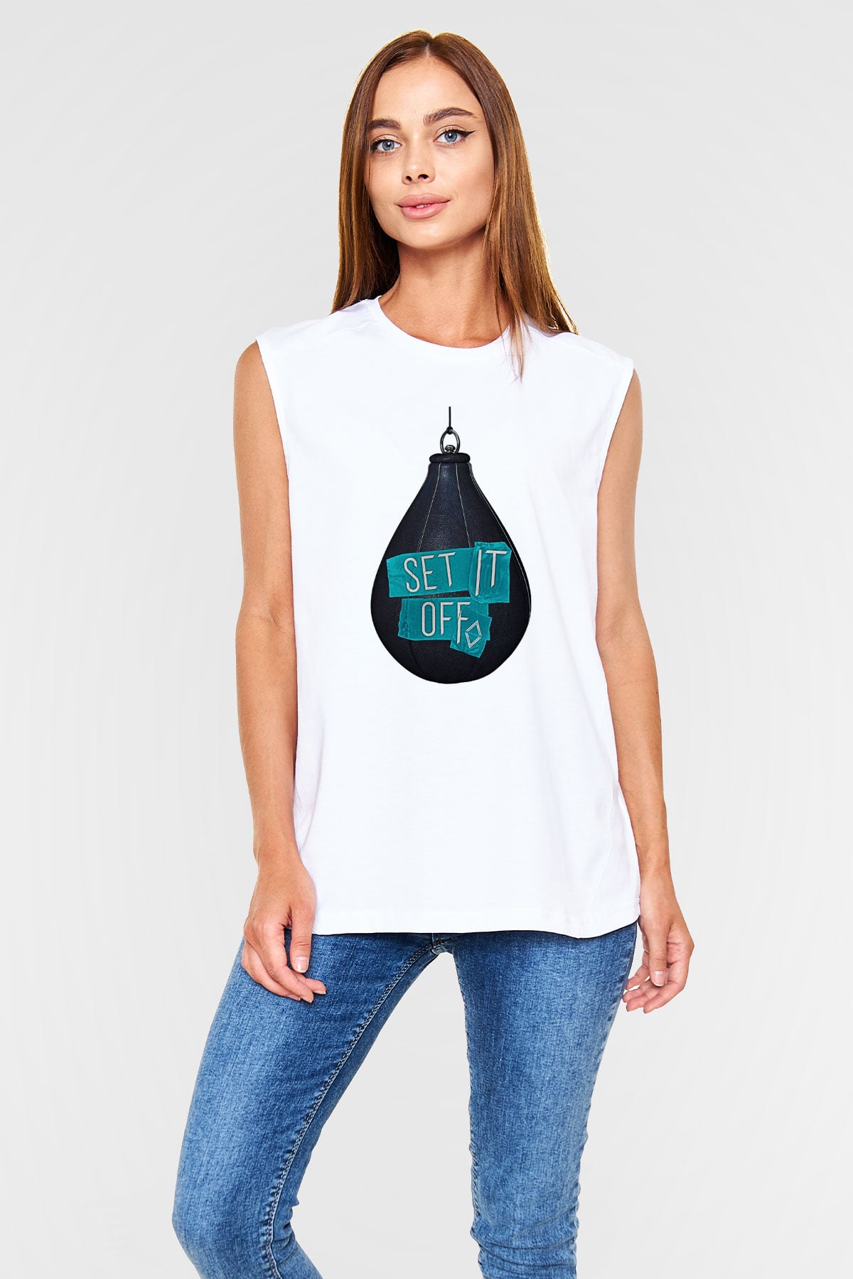 Set it off  Baskılı Beyaz Unisex Kolsuz Tişört - Tshirt