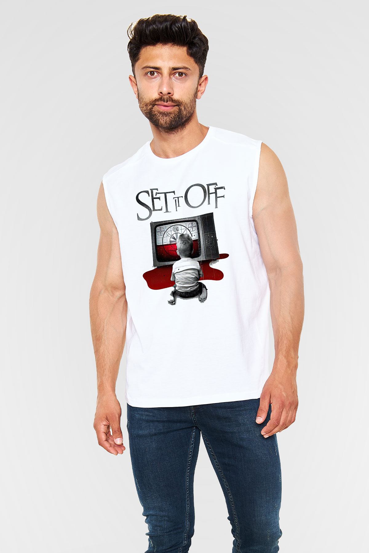 Set it off  Baskılı Beyaz Unisex Kolsuz Tişört - Tshirt
