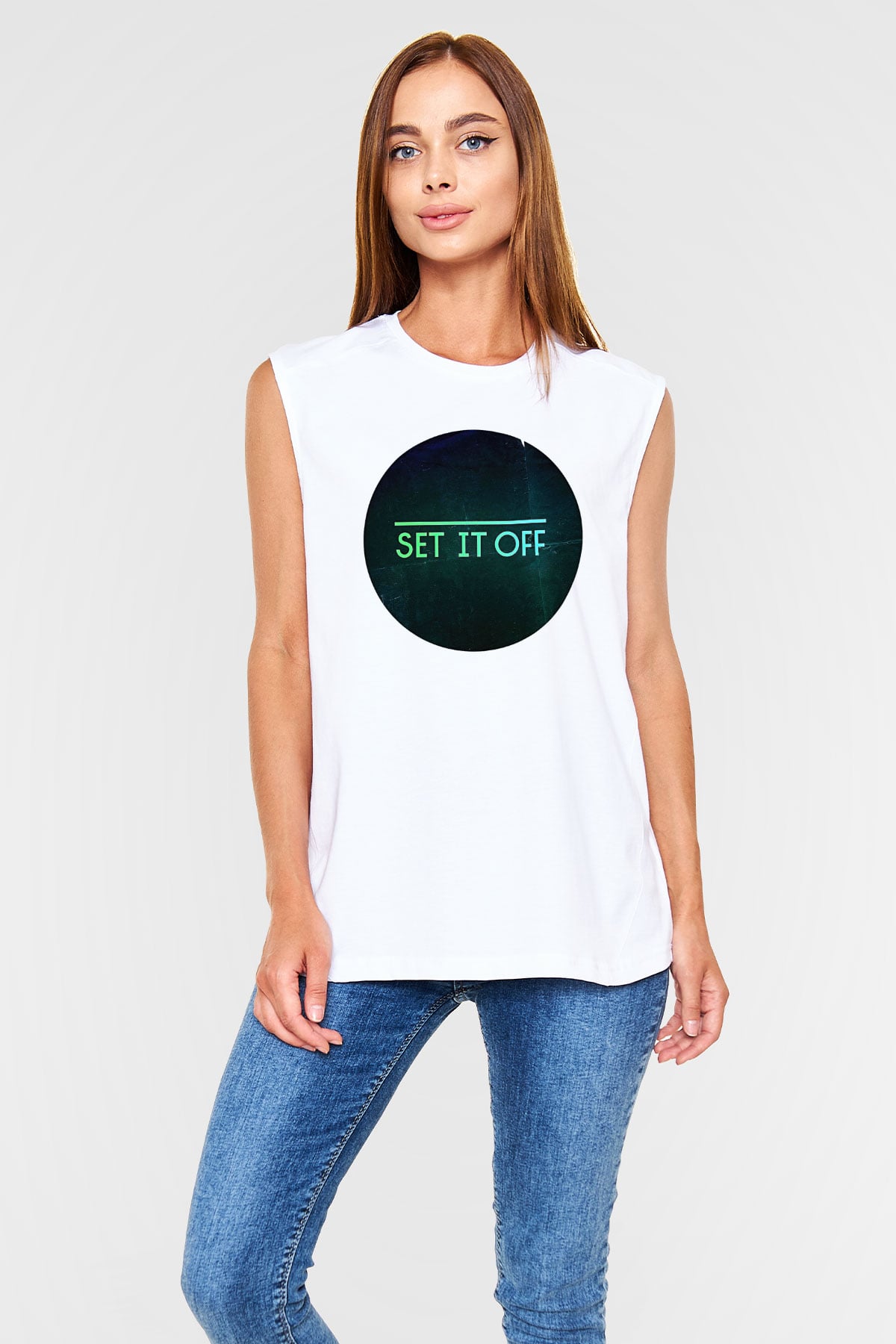 Set it off  Baskılı Beyaz Unisex Kolsuz Tişört - Tshirt