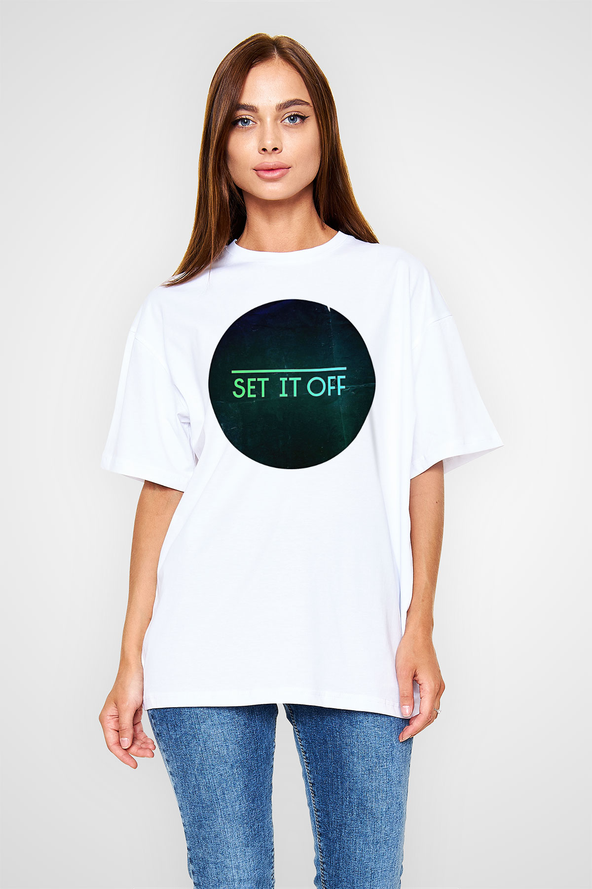 Set it off  Baskılı Beyaz Unisex Oversize Tişört - Tshirt