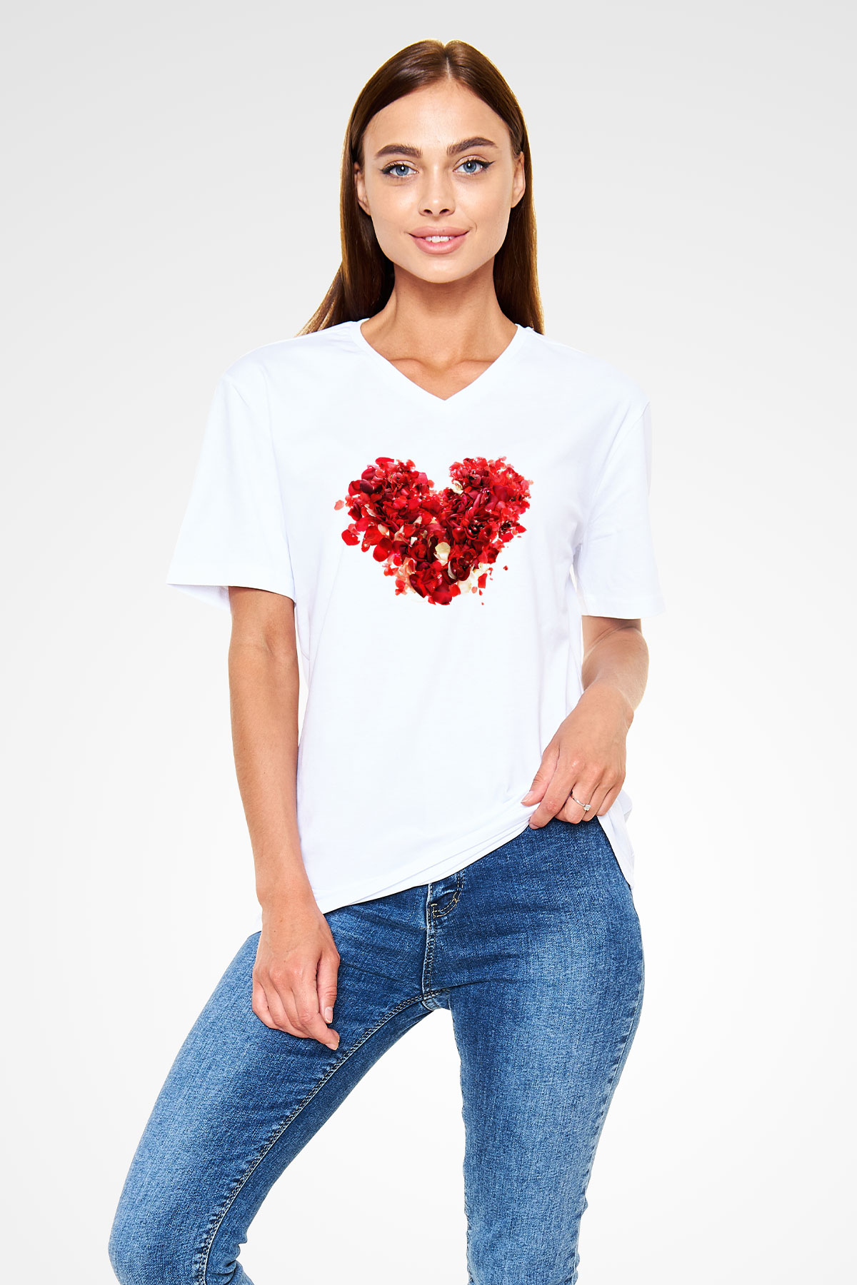 Sevgililer Günü Beyaz Unisex V Yaka Tişört T-Shirt
