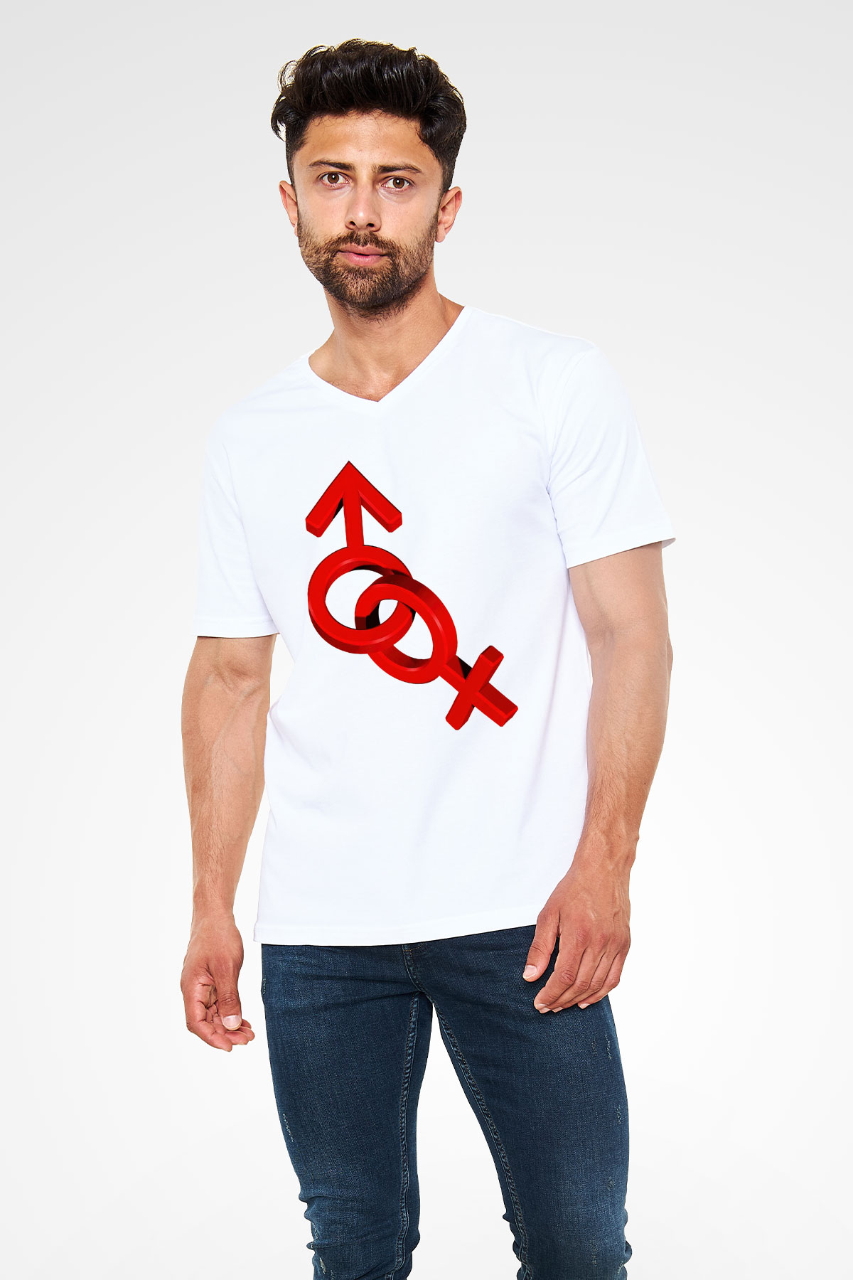 Sevgililer Günü Beyaz Unisex V Yaka Tişört T-Shirt