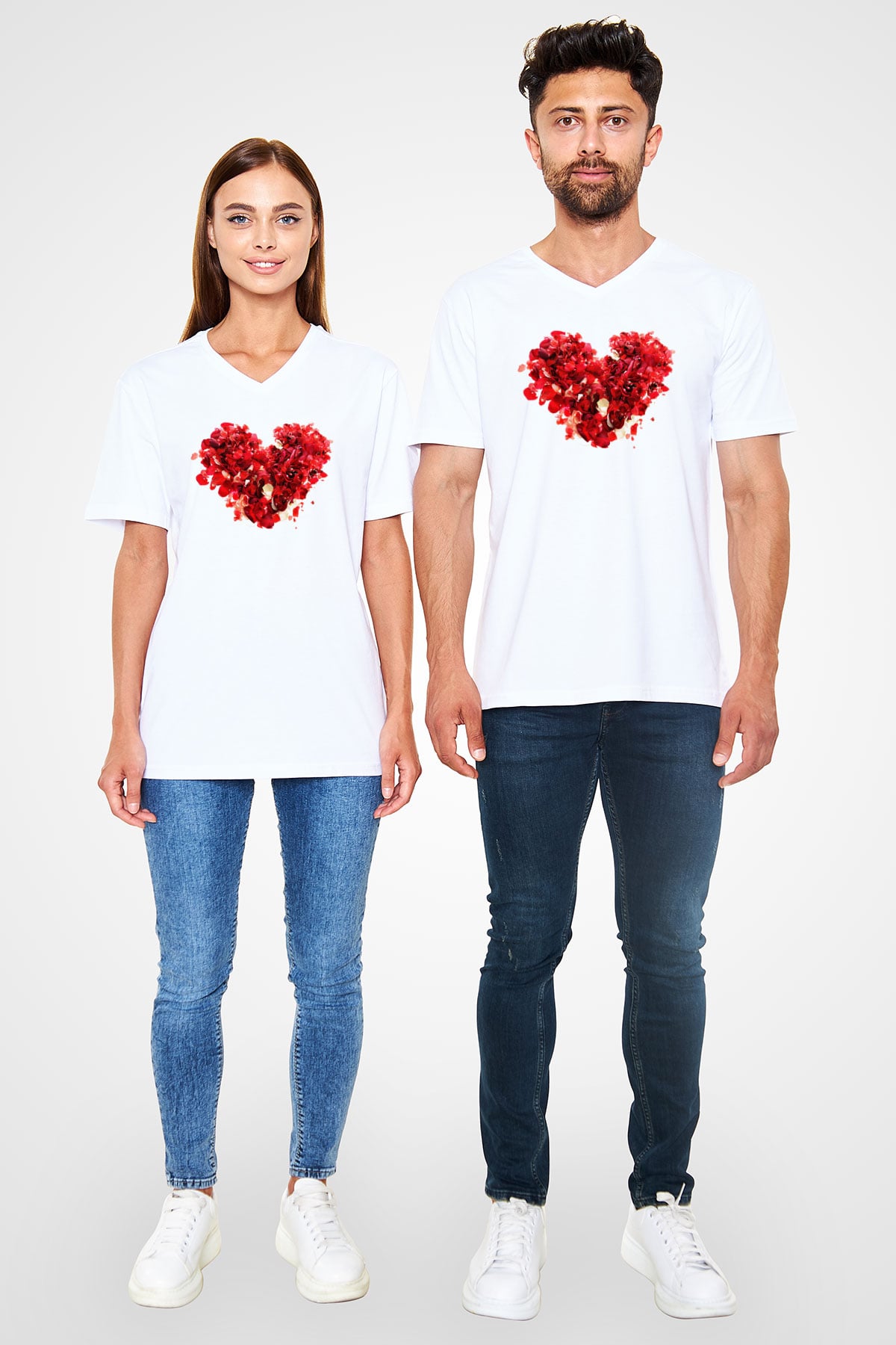 Sevgililer Günü Beyaz Unisex V Yaka Tişört T-Shirt