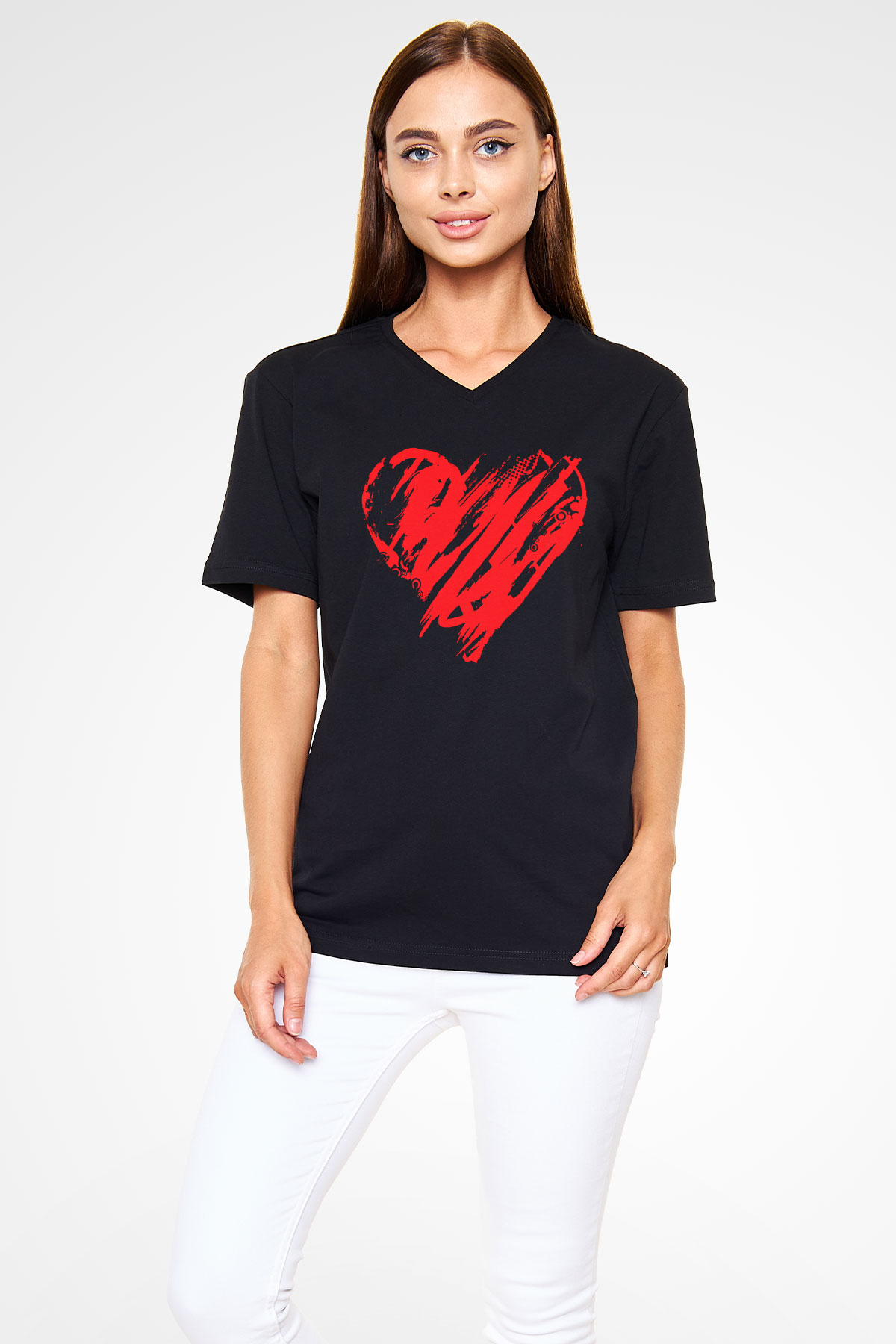 Sevgililer Günü Siyah Unisex V Yaka Tişört T-Shirt