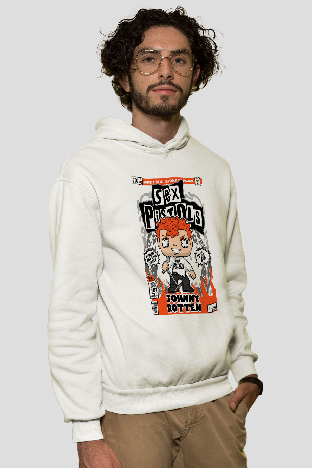 SexPistols Johnny Rotten Baskılı Unisex Beyaz Hoodie