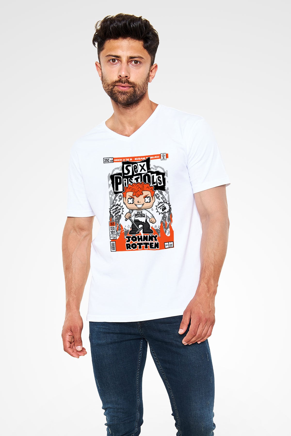 SexPistols Johnny Rotten Baskılı Unisex Beyaz V Yaka Tişört