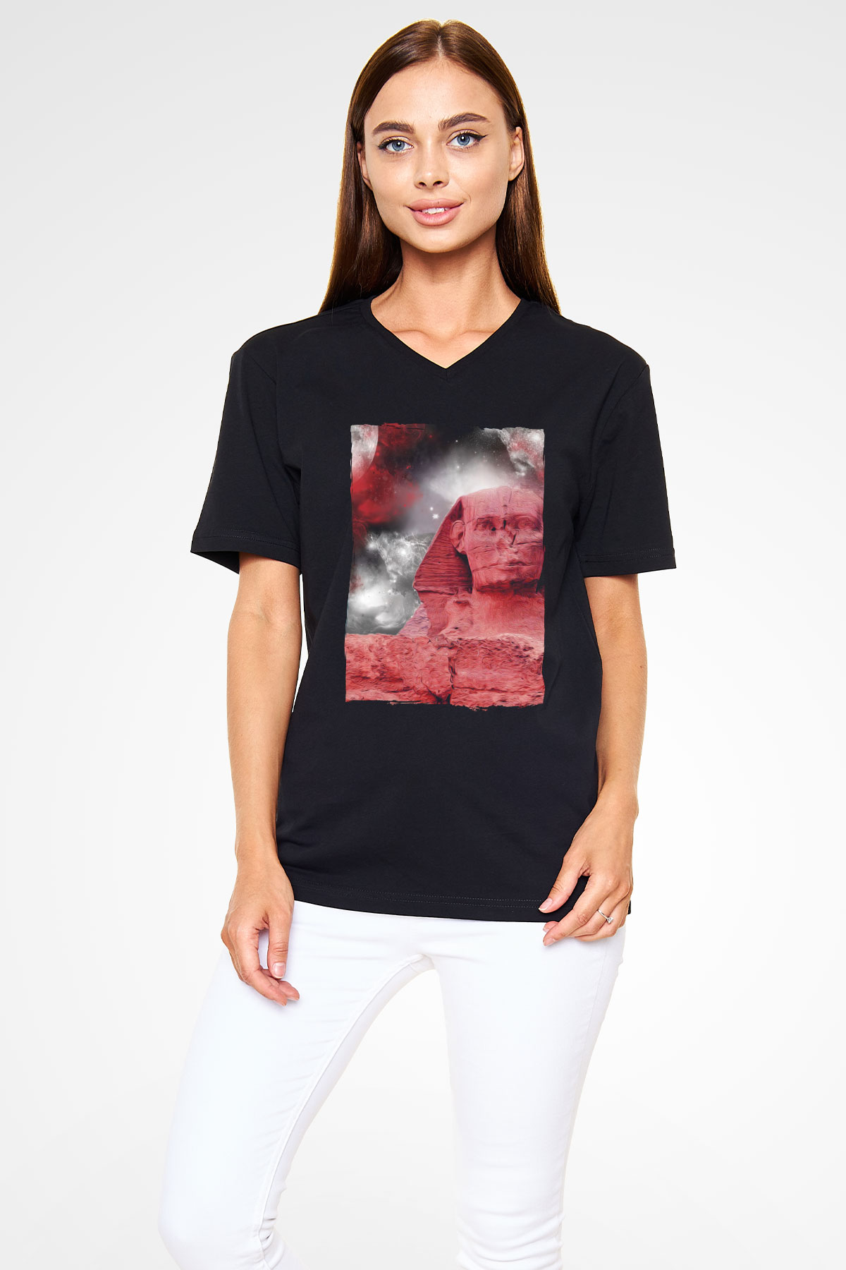 Sfenks Siyah Unisex V Yaka Tişört