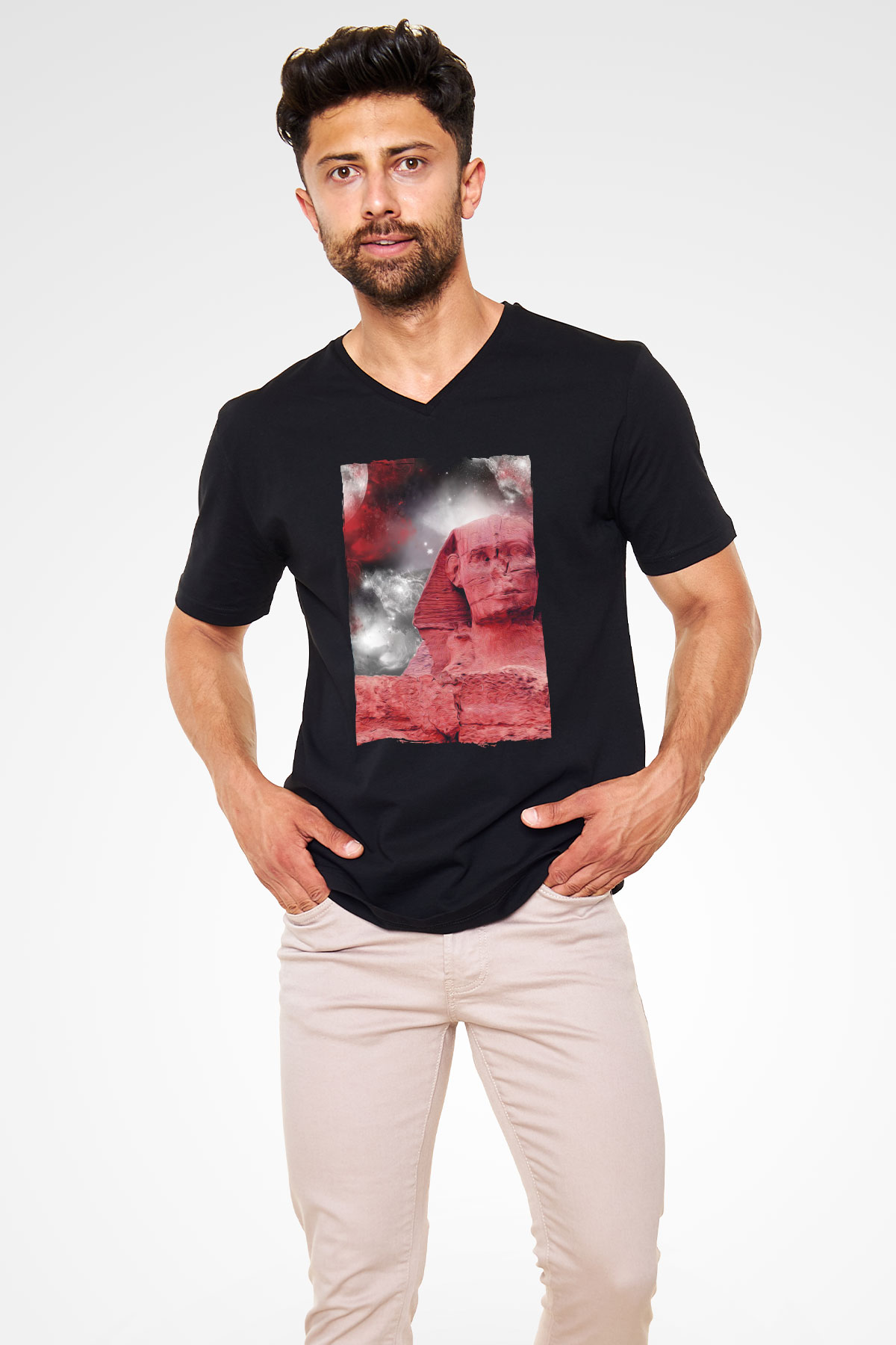 Sfenks Siyah Unisex V Yaka Tişört