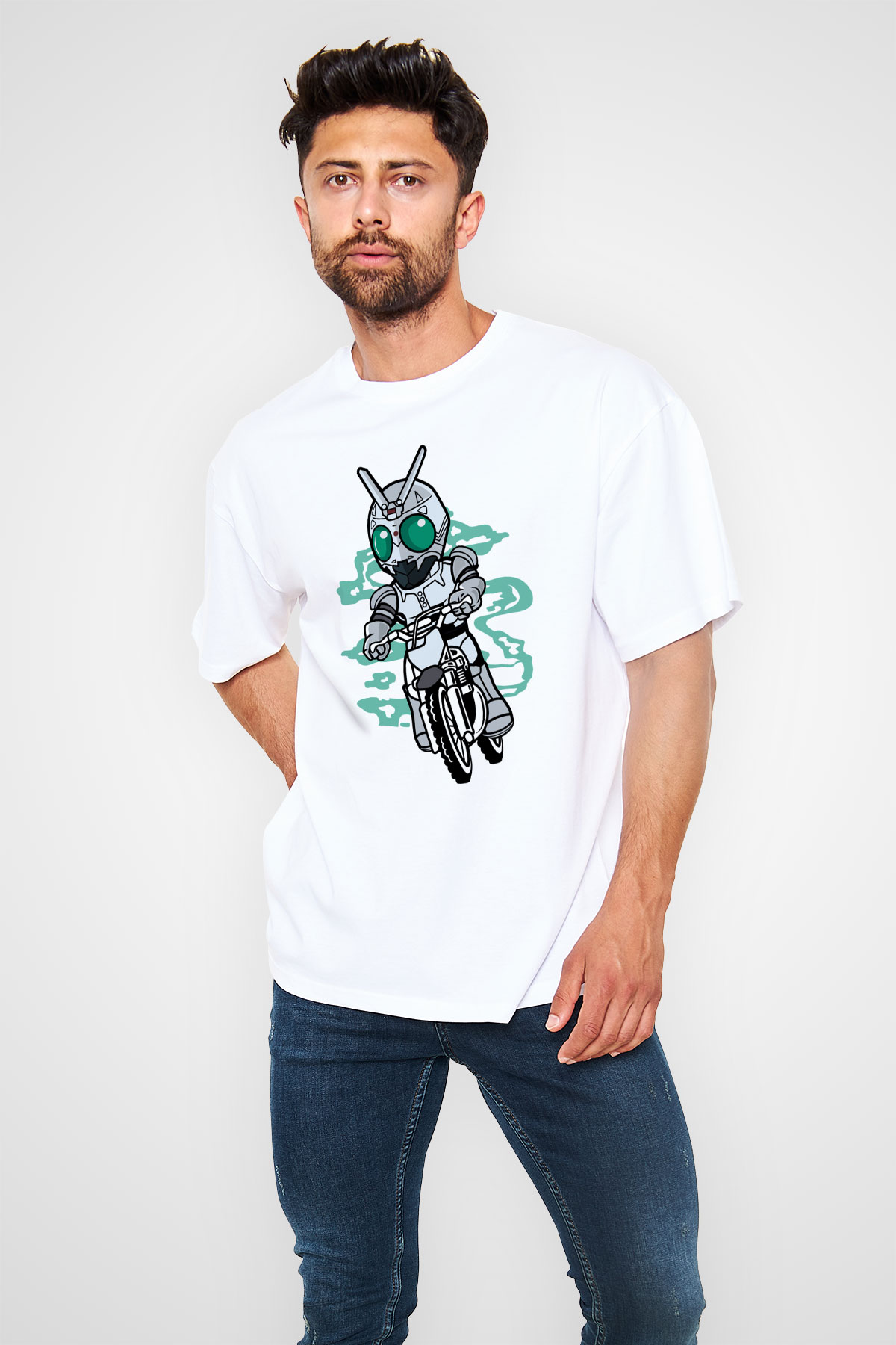 Shadowmoon Motocross Rider Baskılı Beyaz Unisex Oversize Tişört