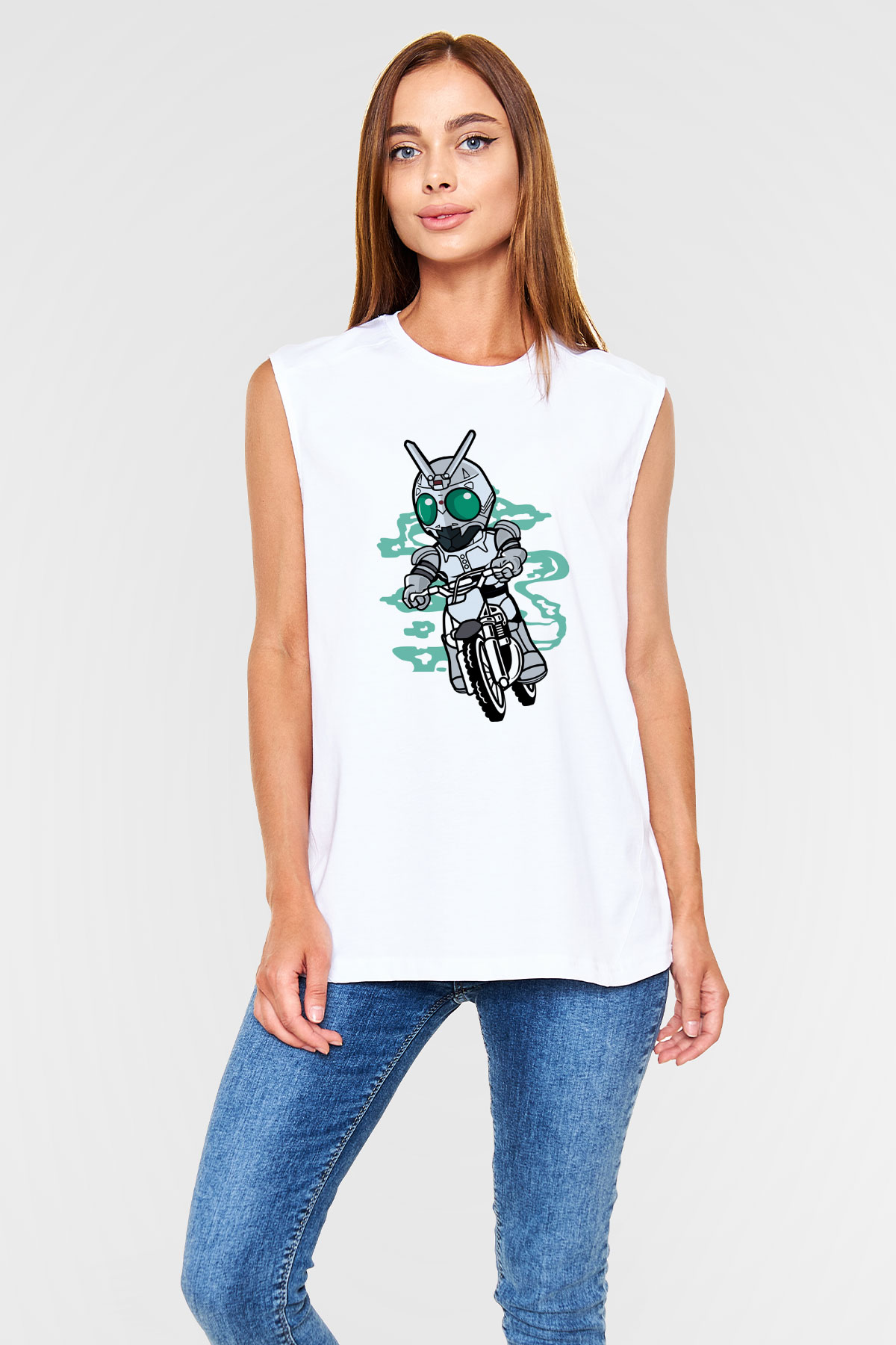 Shadowmoon Motocross Rider Baskılı Beyaz Unisex Kolsuz Tişört