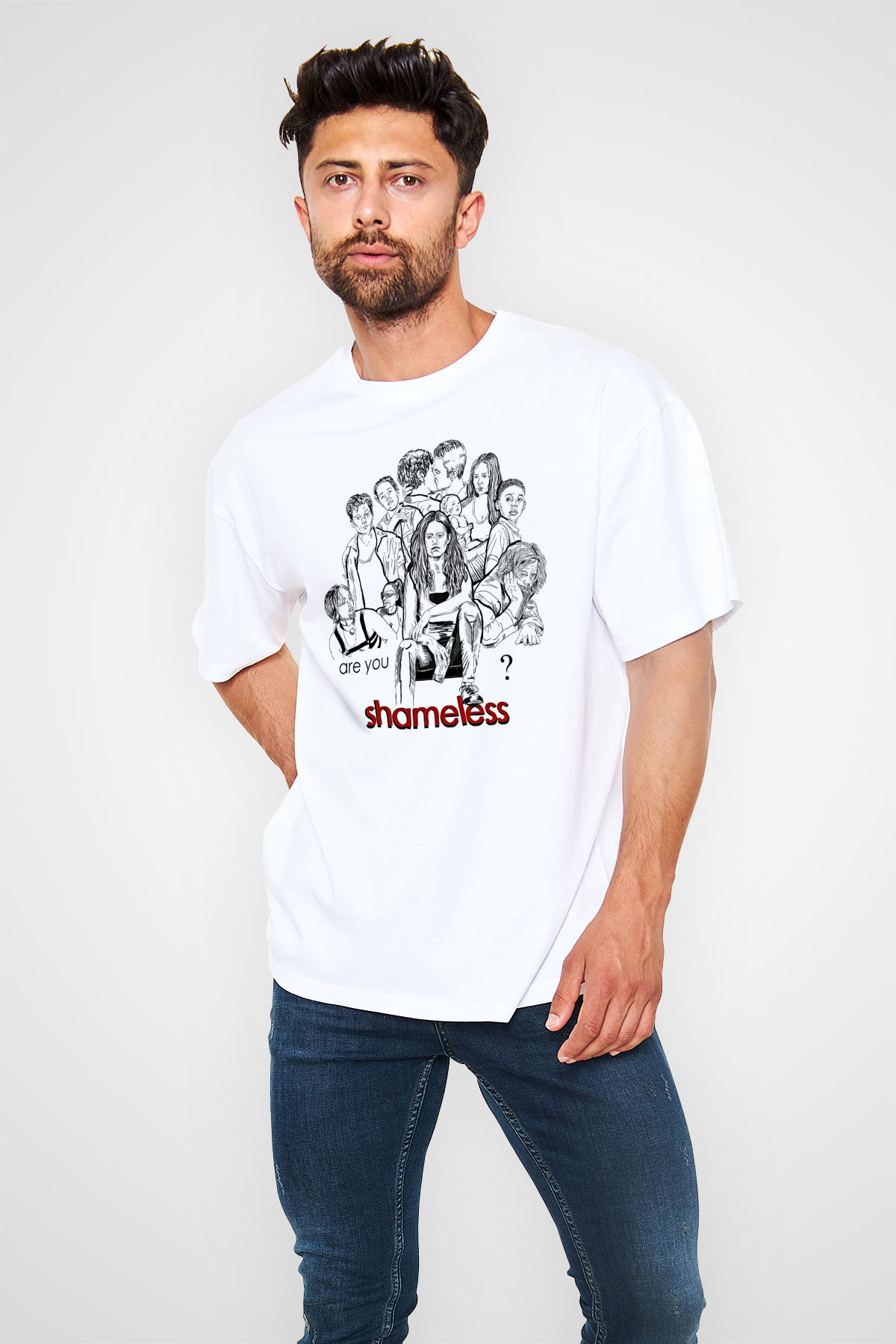 Shameless Baskılı Beyaz Unisex Oversize Tişört - Tshirt