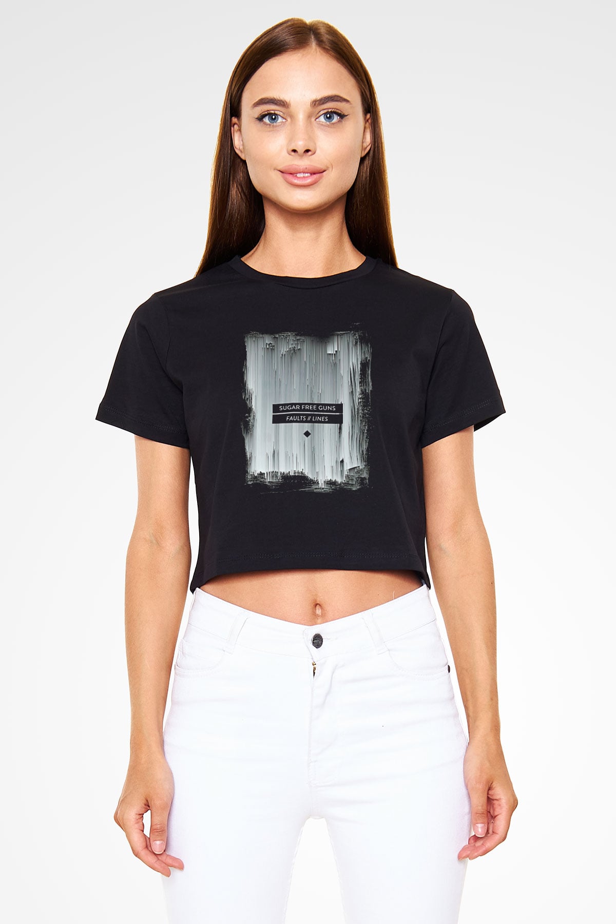 Shamrain Baskılı Siyah Crop Top Kadın Tişört - Tshirt