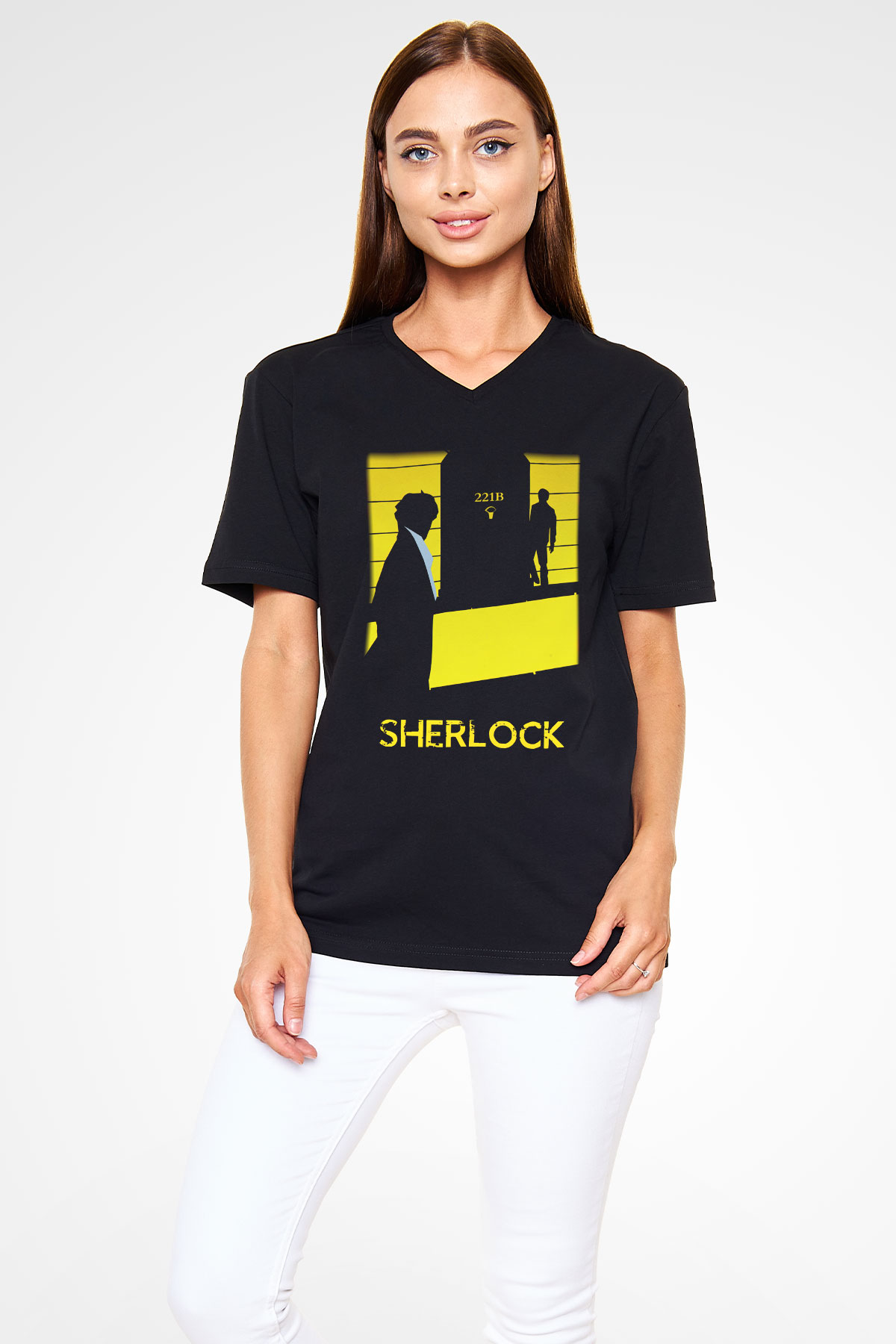 Sherlock Siyah Unisex V Yaka Tişört T-Shirt