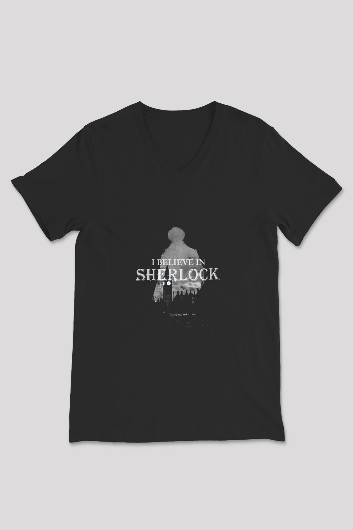 Sherlock Siyah Unisex V Yaka Tişört T-Shirt