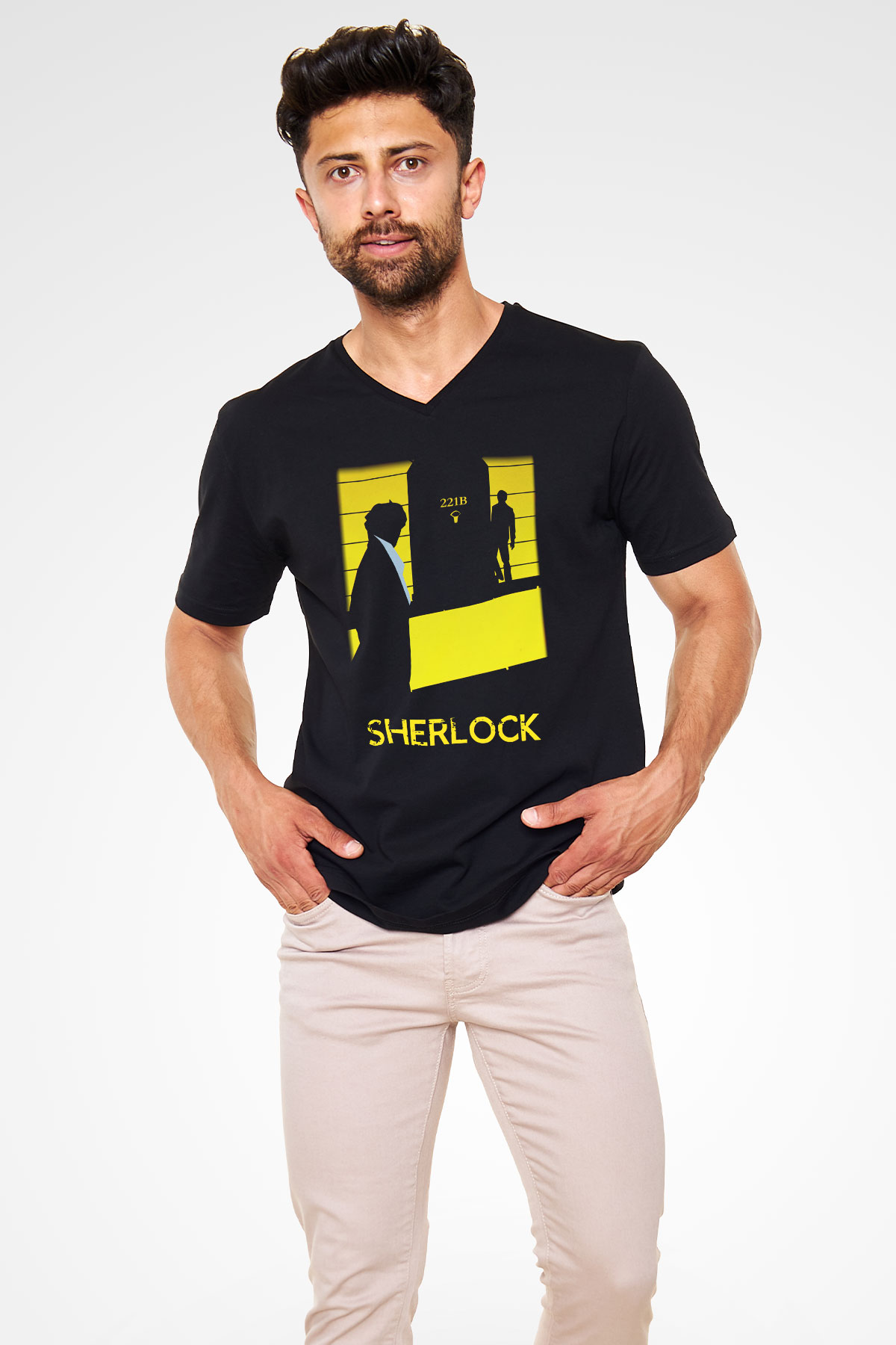 Sherlock Siyah Unisex V Yaka Tişört T-Shirt