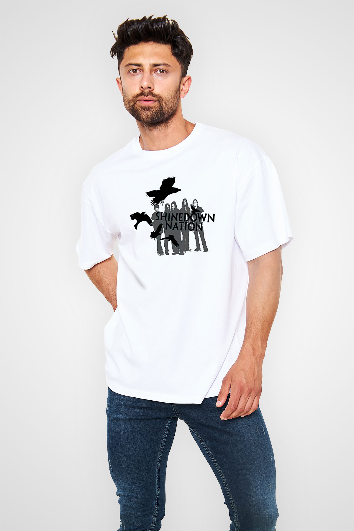 Shinedown Baskılı Beyaz Unisex Oversize Tişört - Tshirt