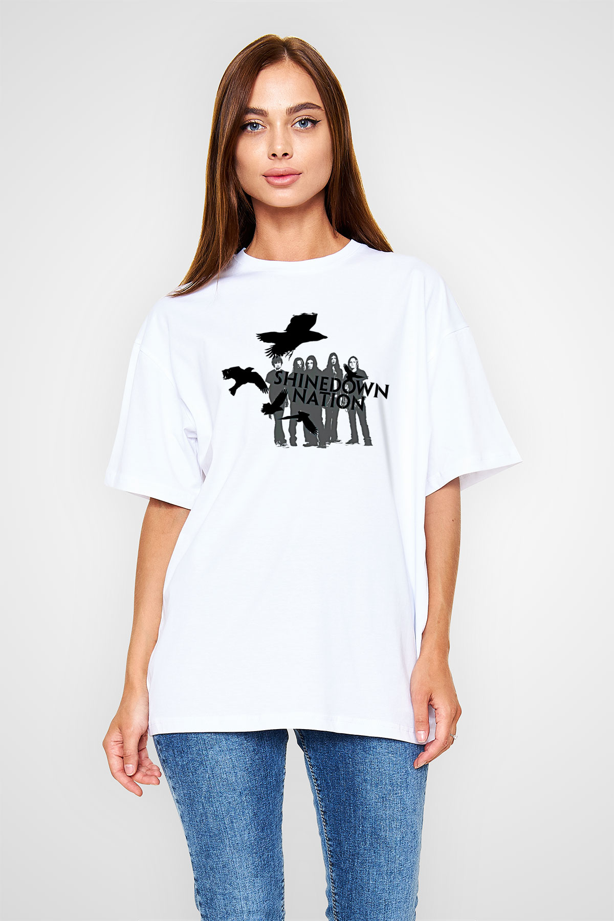 Shinedown Baskılı Beyaz Unisex Oversize Tişört - Tshirt