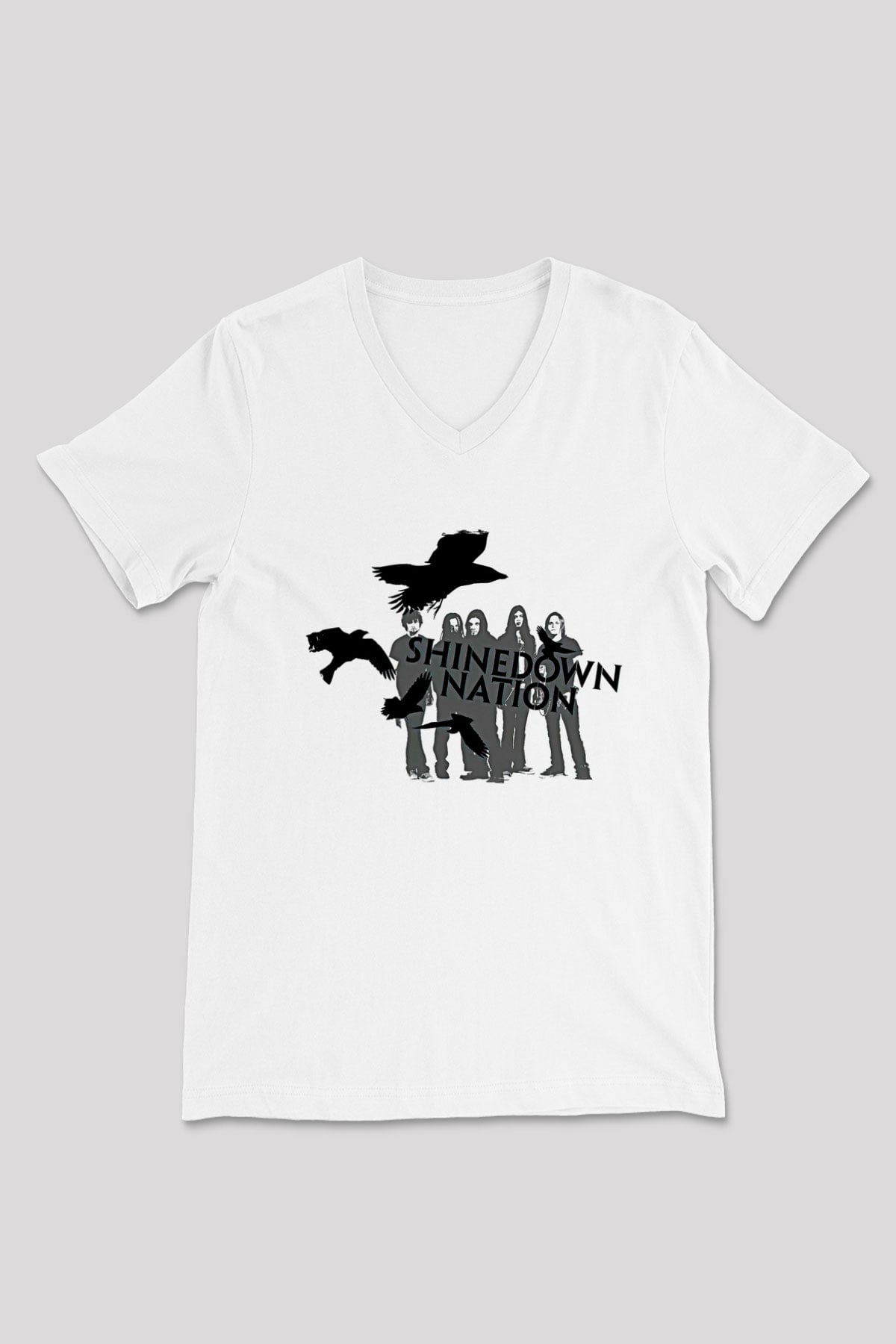 Shinedown Baskılı Beyaz Unisex V Yaka Tişört - Tshirt