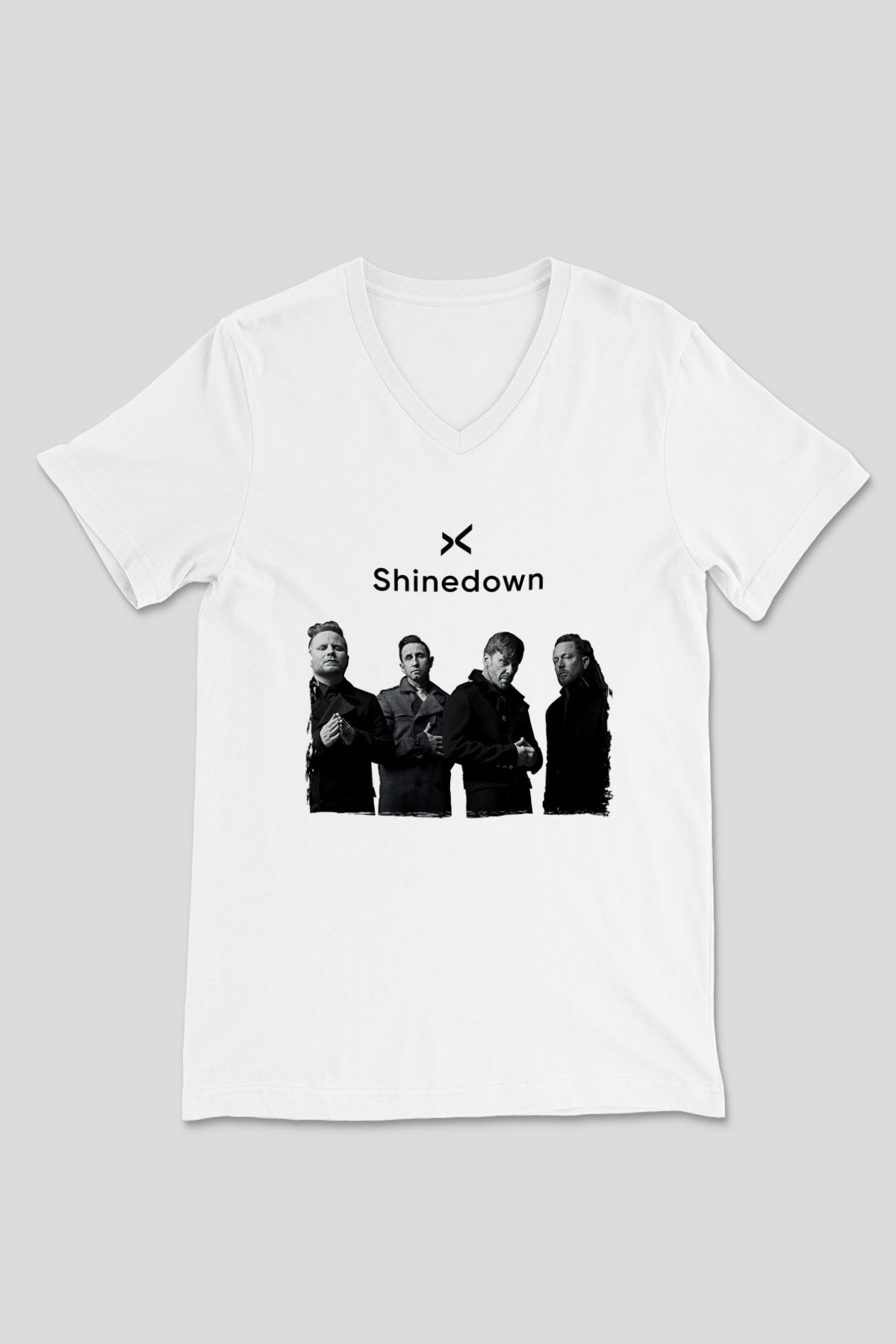 Shinedown Baskılı Beyaz Unisex V Yaka Tişört - Tshirt