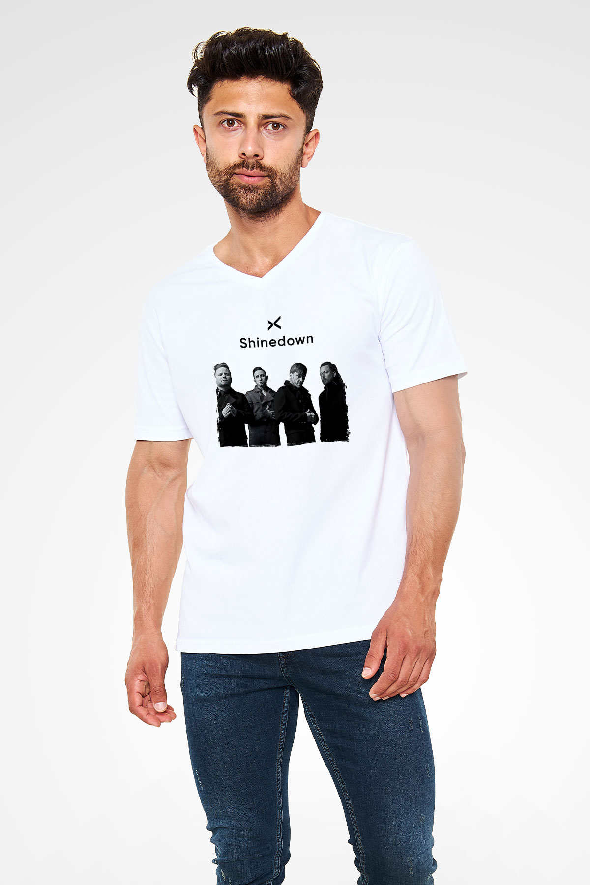 Shinedown Baskılı Beyaz Unisex V Yaka Tişört - Tshirt