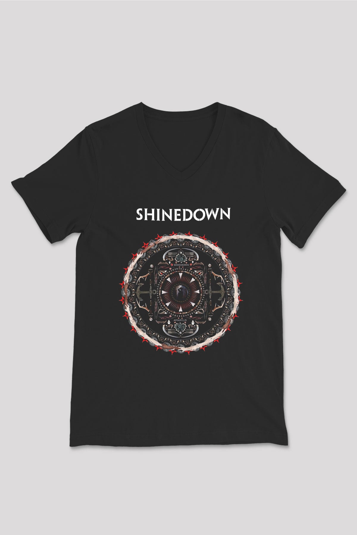 Shinedown Baskılı Unisex Siyah V Yaka Tişört - Tshirt