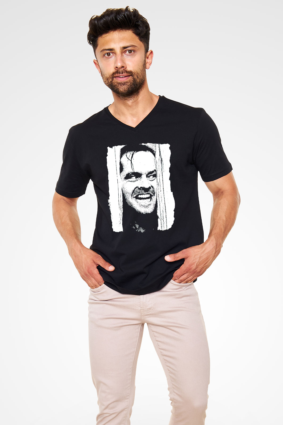 Shining Siyah Unisex  V Yaka Tişört