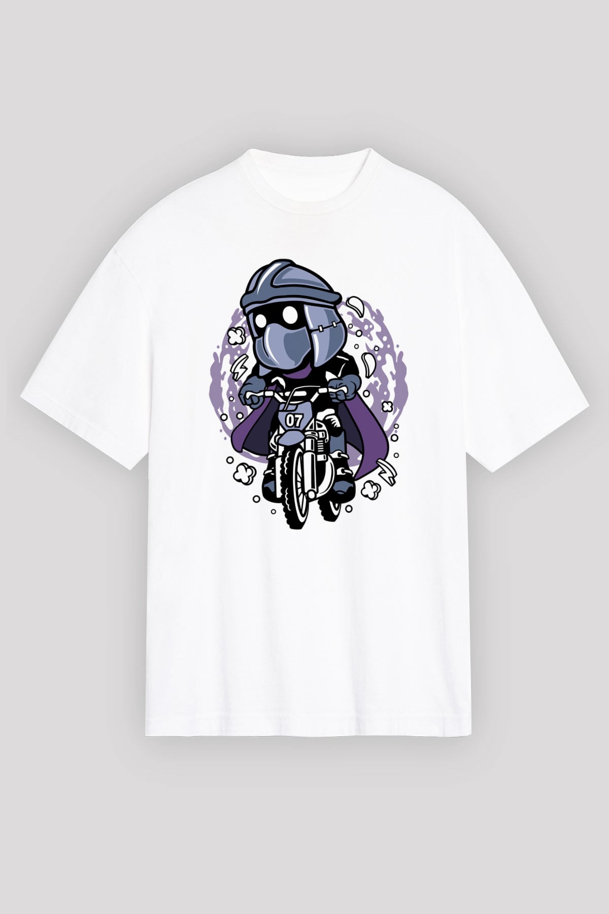 Shredder Biker Baskılı Beyaz Unisex Oversize Tişört