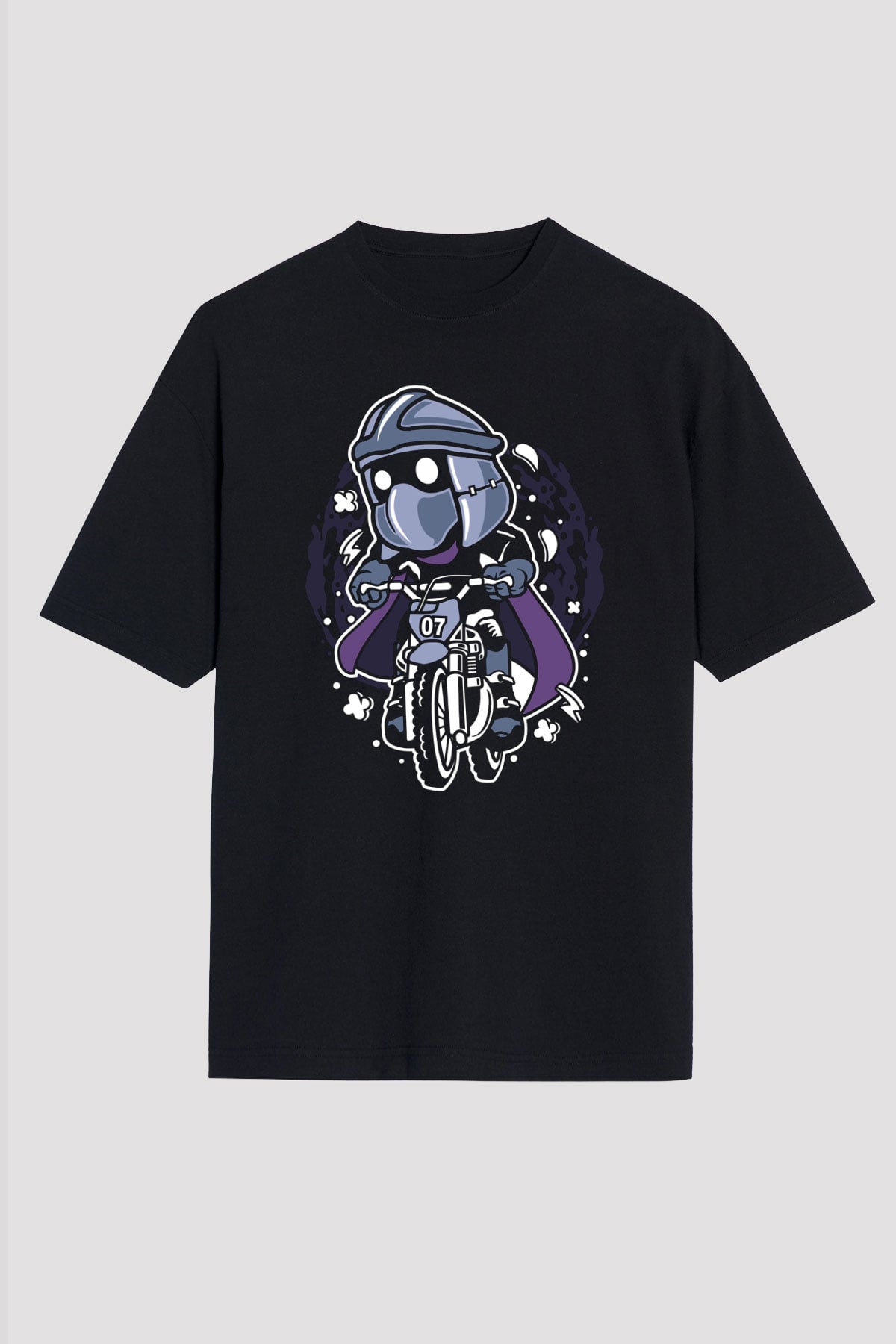 Shredder Biker Baskılı Siyah Unisex Oversize Tişört