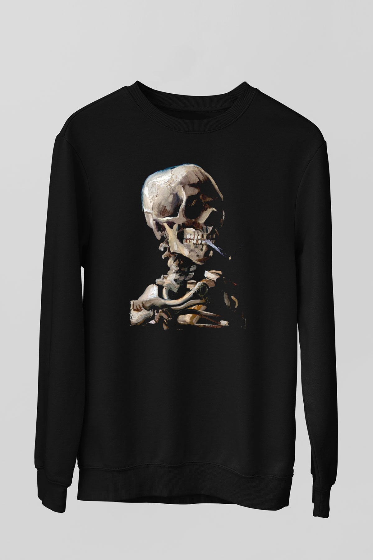 Sigara İçen İskelet Baskılı Unisex Siyah  Sweatshirt