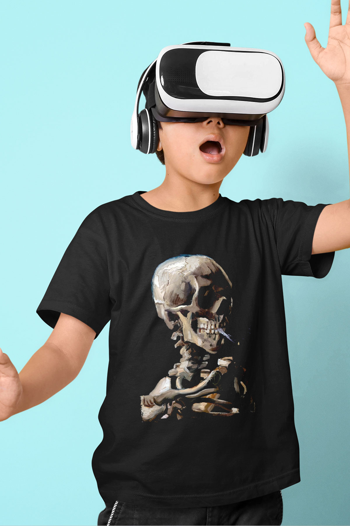 Sigara İçen İskelet Baskılı Unisex Siyah  Çocuk Tişört