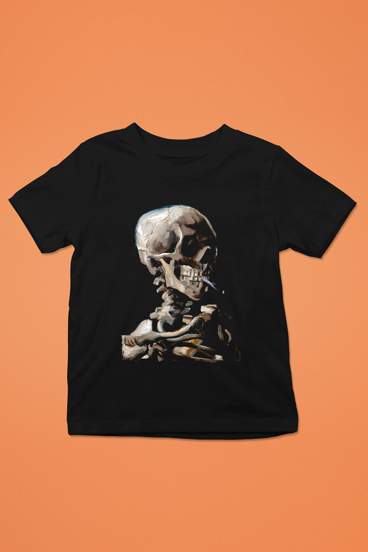 Sigara İçen İskelet Baskılı Unisex Siyah  Çocuk Tişört