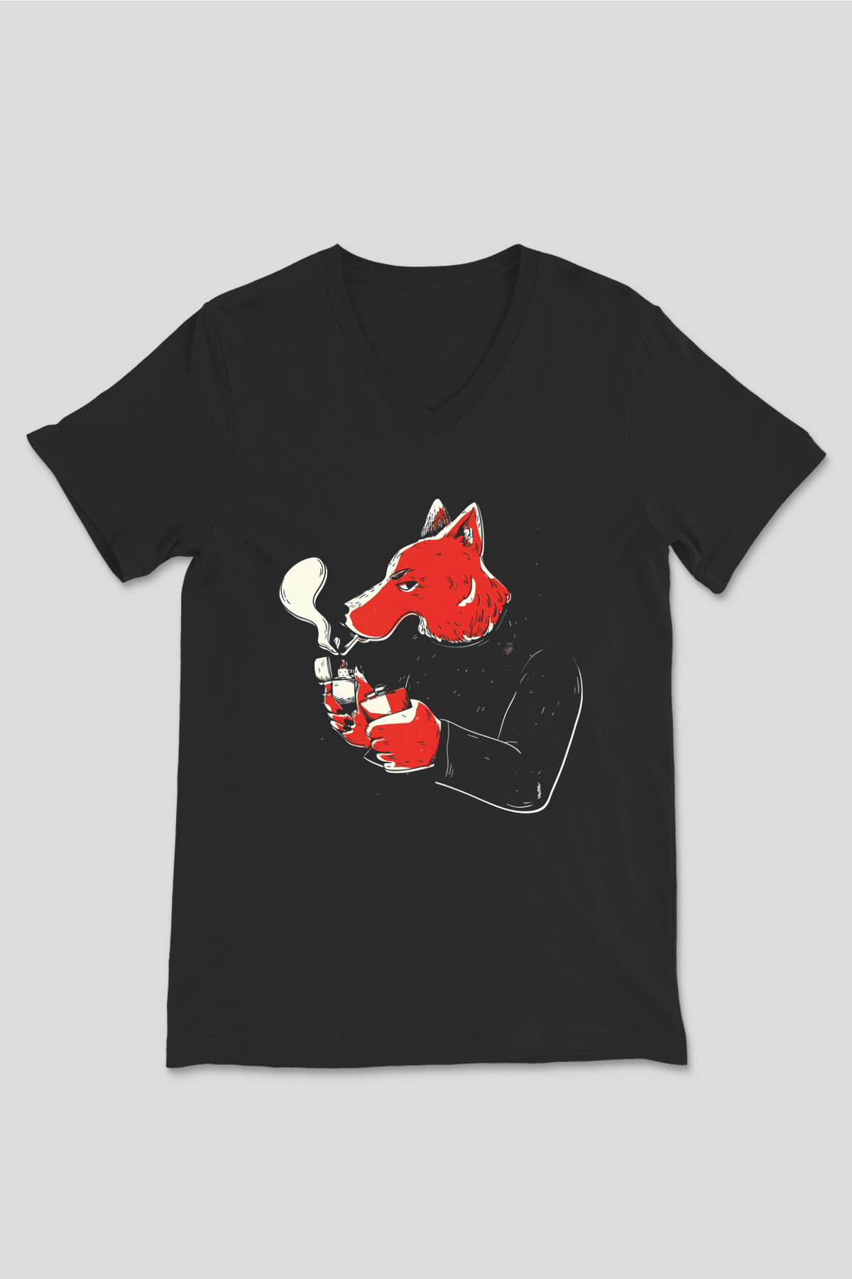 Sigara İçen Tilki Baskılı Unisex Siyah  V Yaka Tişört