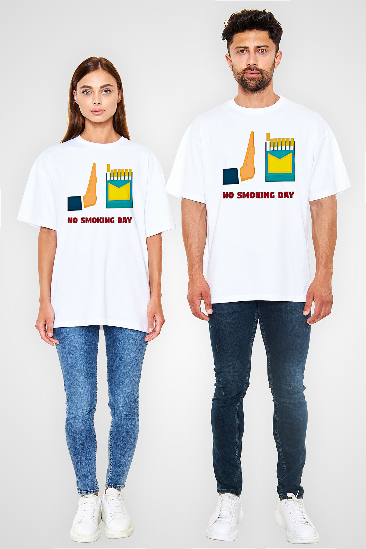 Sigarayı Bırakma Günü Baskılı Beyaz Unisex Oversize Tişört - Tshirt