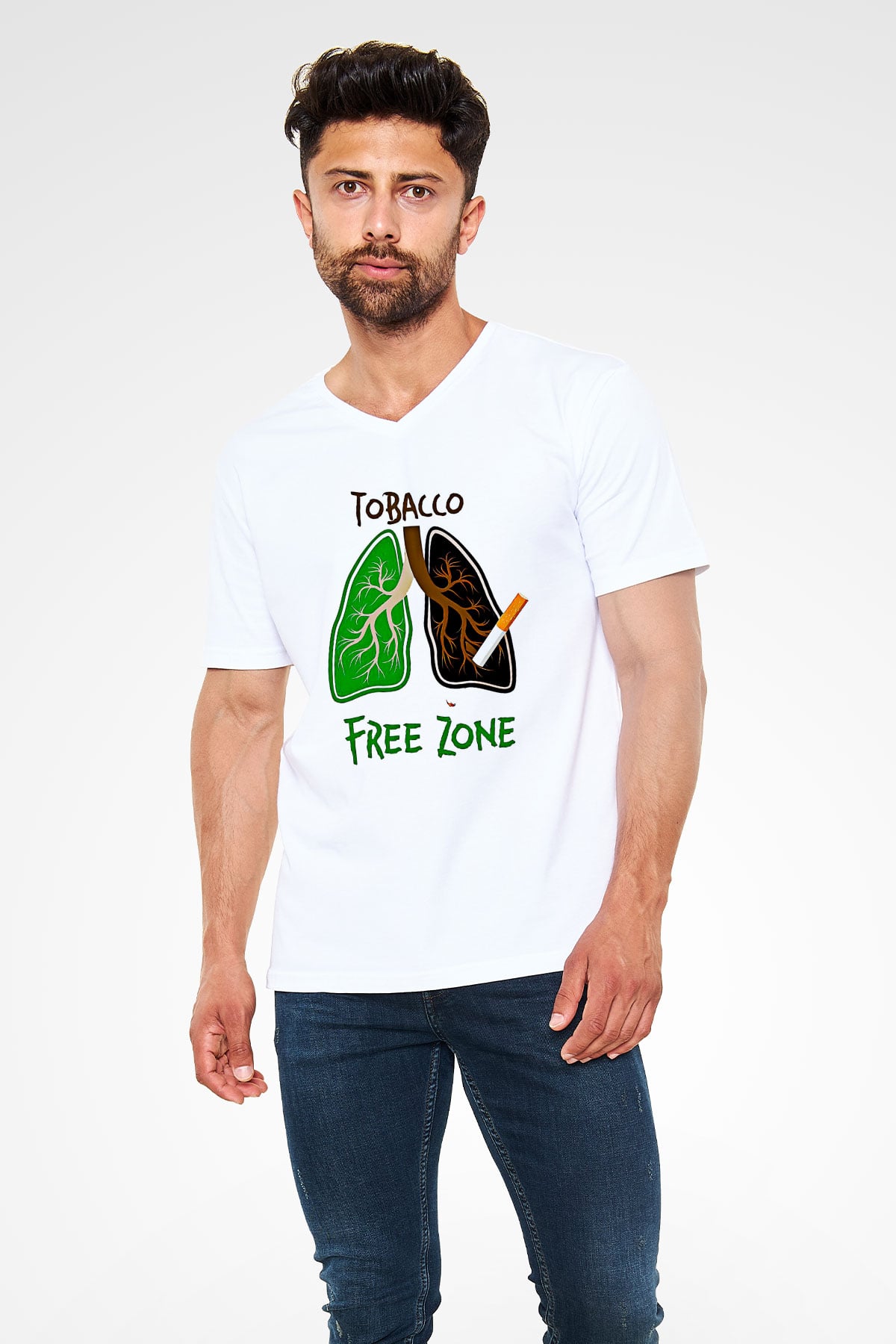 Sigarayı Bırakma Günü Baskılı Beyaz Unisex V Yaka Tişört - Tshirt