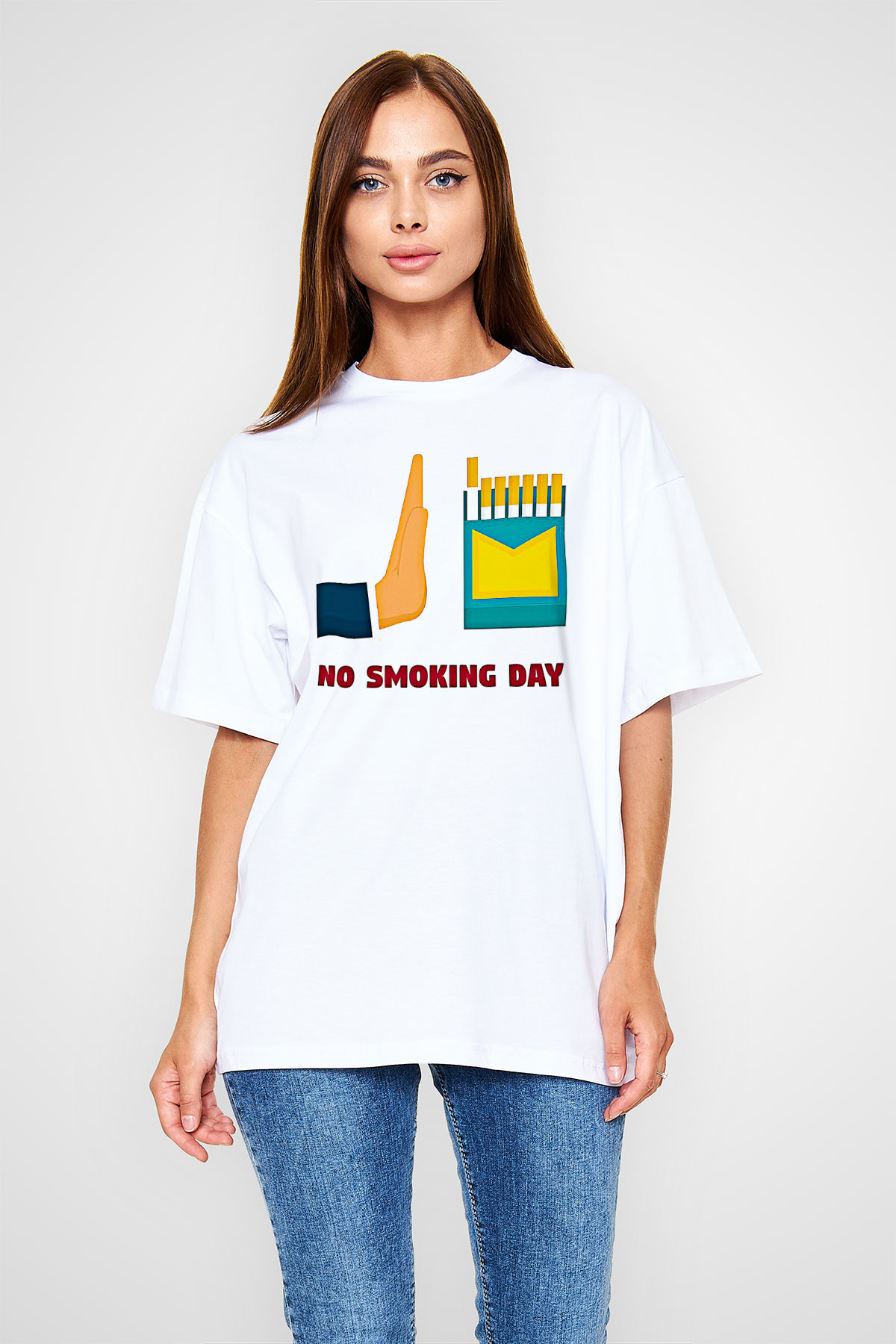 Sigarayı Bırakma Günü Baskılı Beyaz Unisex Oversize Tişört - Tshirt
