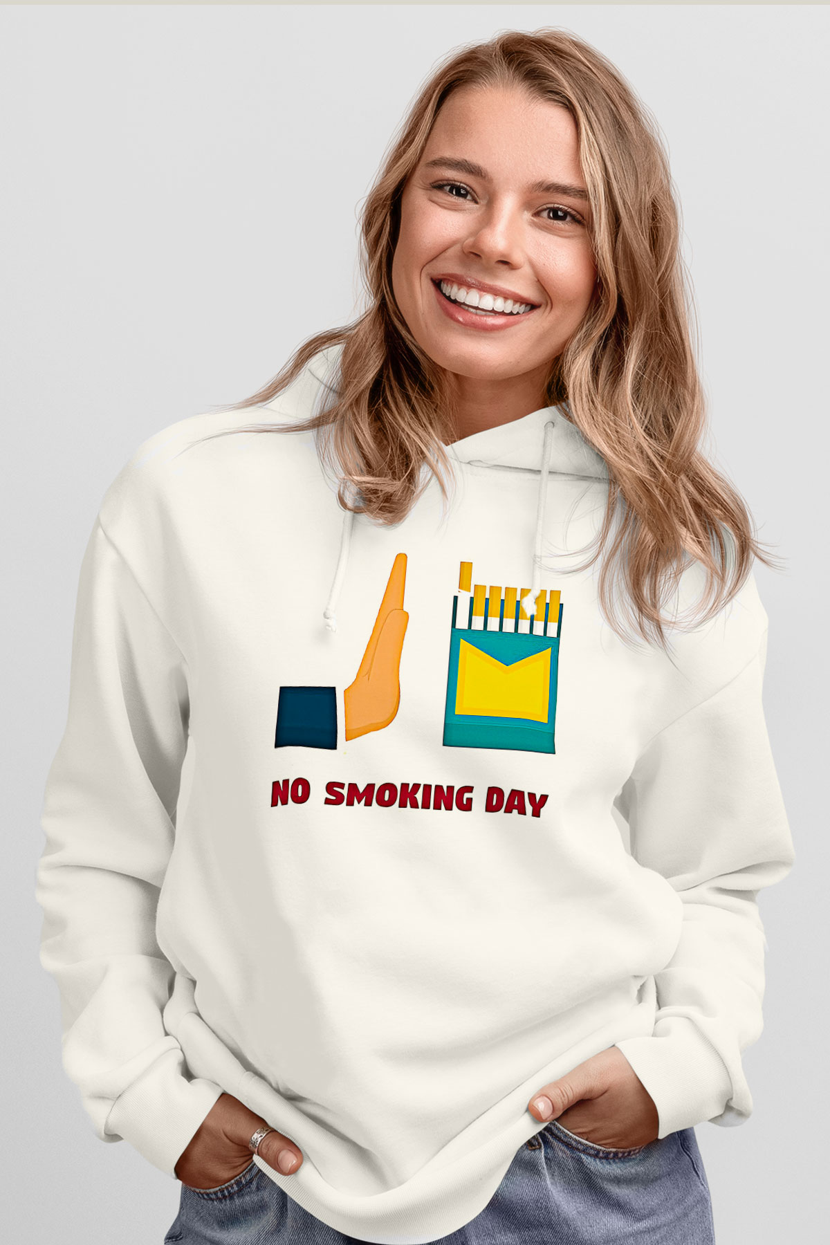 Sigarayı Bırakma Günü Baskılı Beyaz Unisex Kapüşonlu Sweatshirt