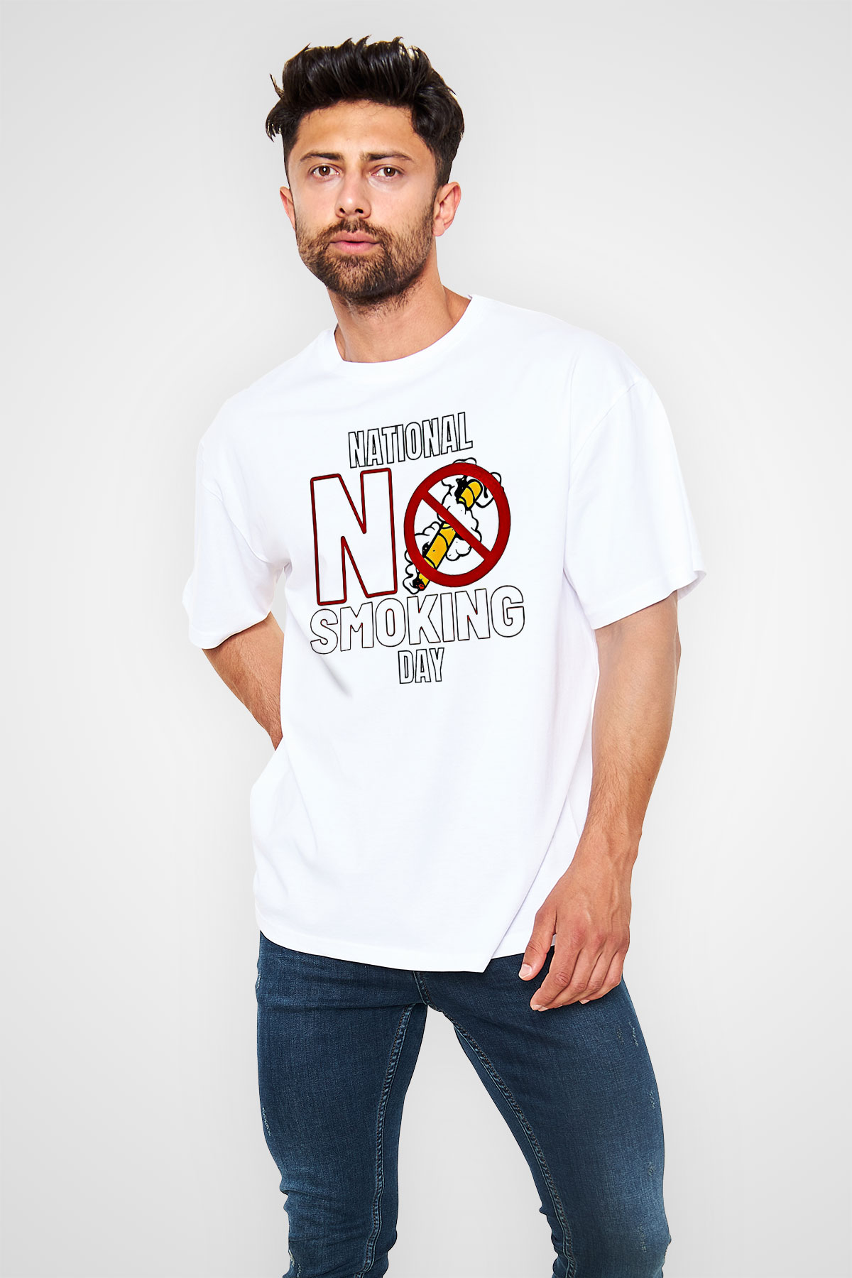 Sigarayı Bırakma Günü Baskılı Beyaz Unisex Oversize Tişört - Tshirt