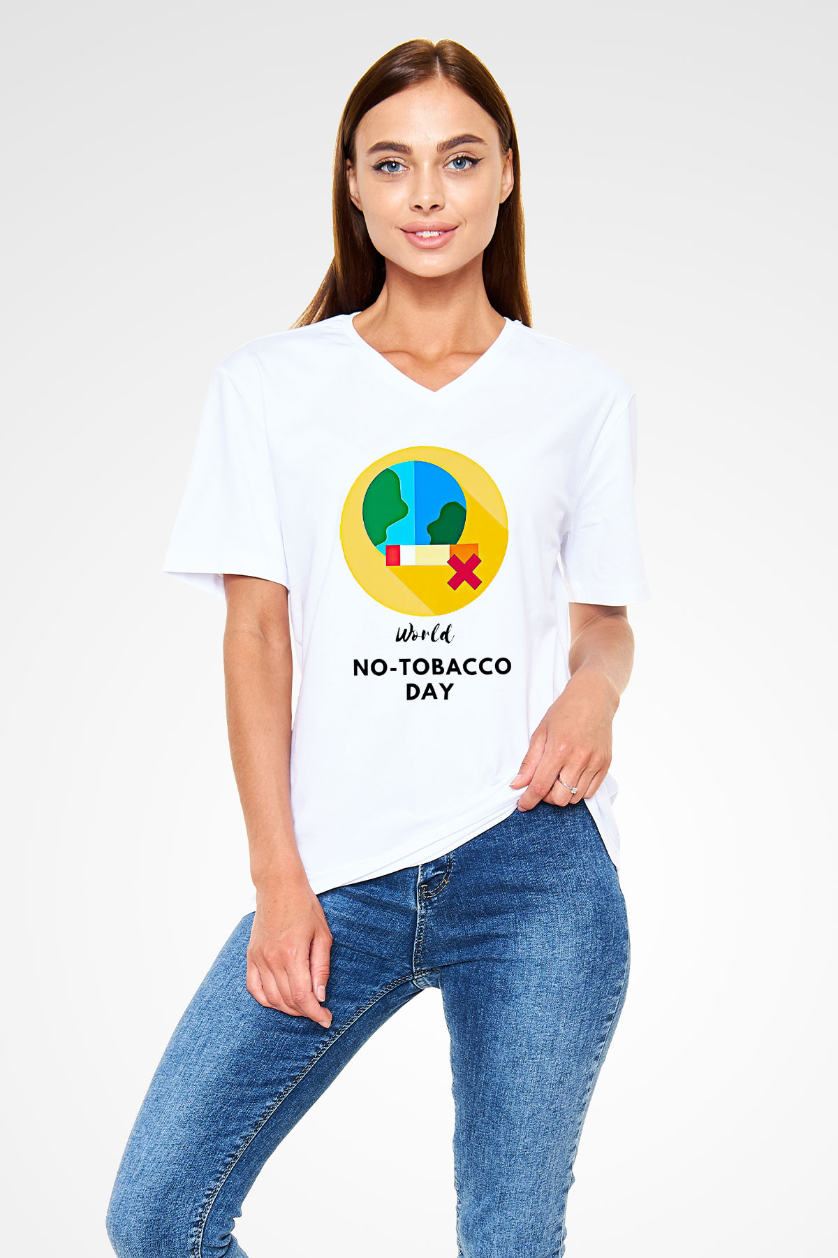 Sigarayı Bırakma Günü Baskılı Beyaz Unisex V Yaka Tişört - Tshirt