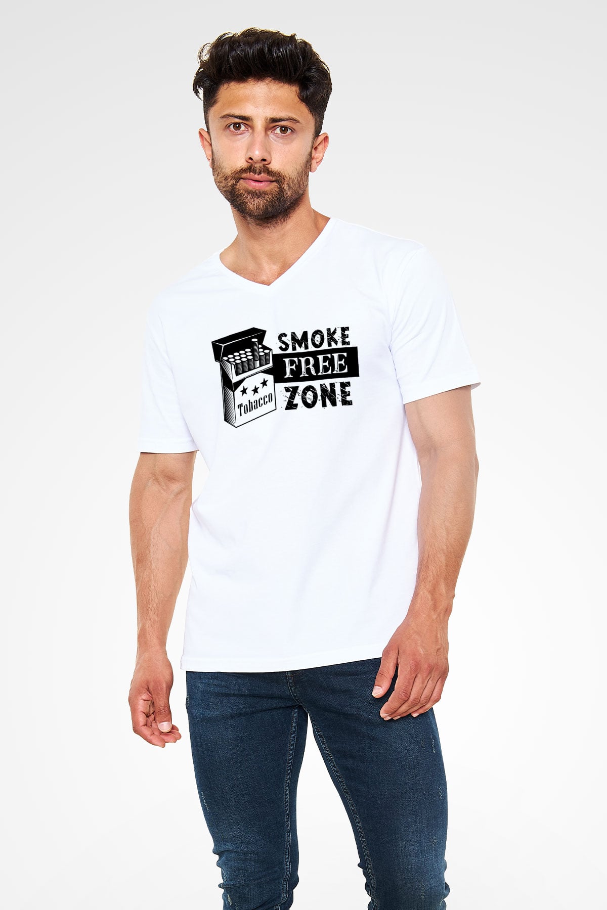 Sigarayı Bırakma Günü Baskılı Beyaz Unisex V Yaka Tişört - Tshirt