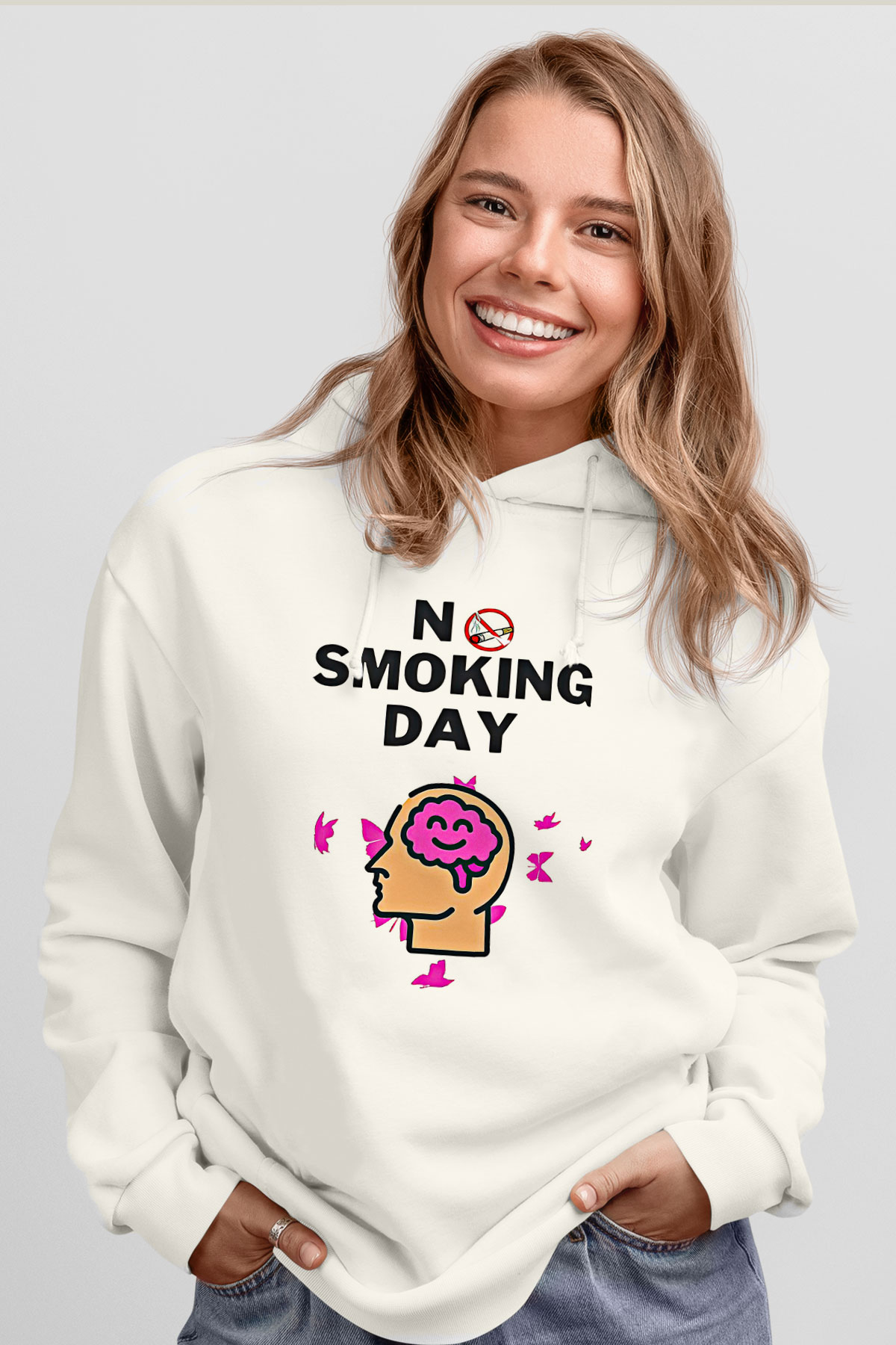 Sigarayı Bırakma Günü Baskılı Beyaz Unisex Kapüşonlu Sweatshirt