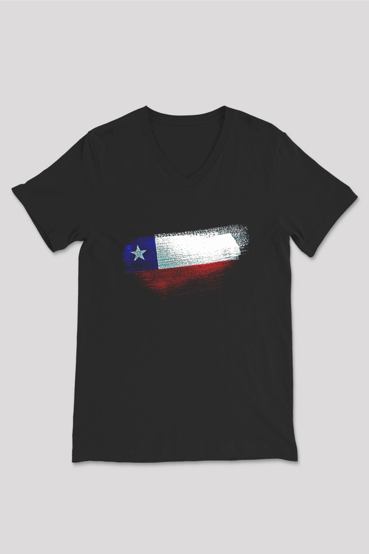 Şili - Chile Bayrağı Baskılı Unisex Siyah V Yaka Tişört