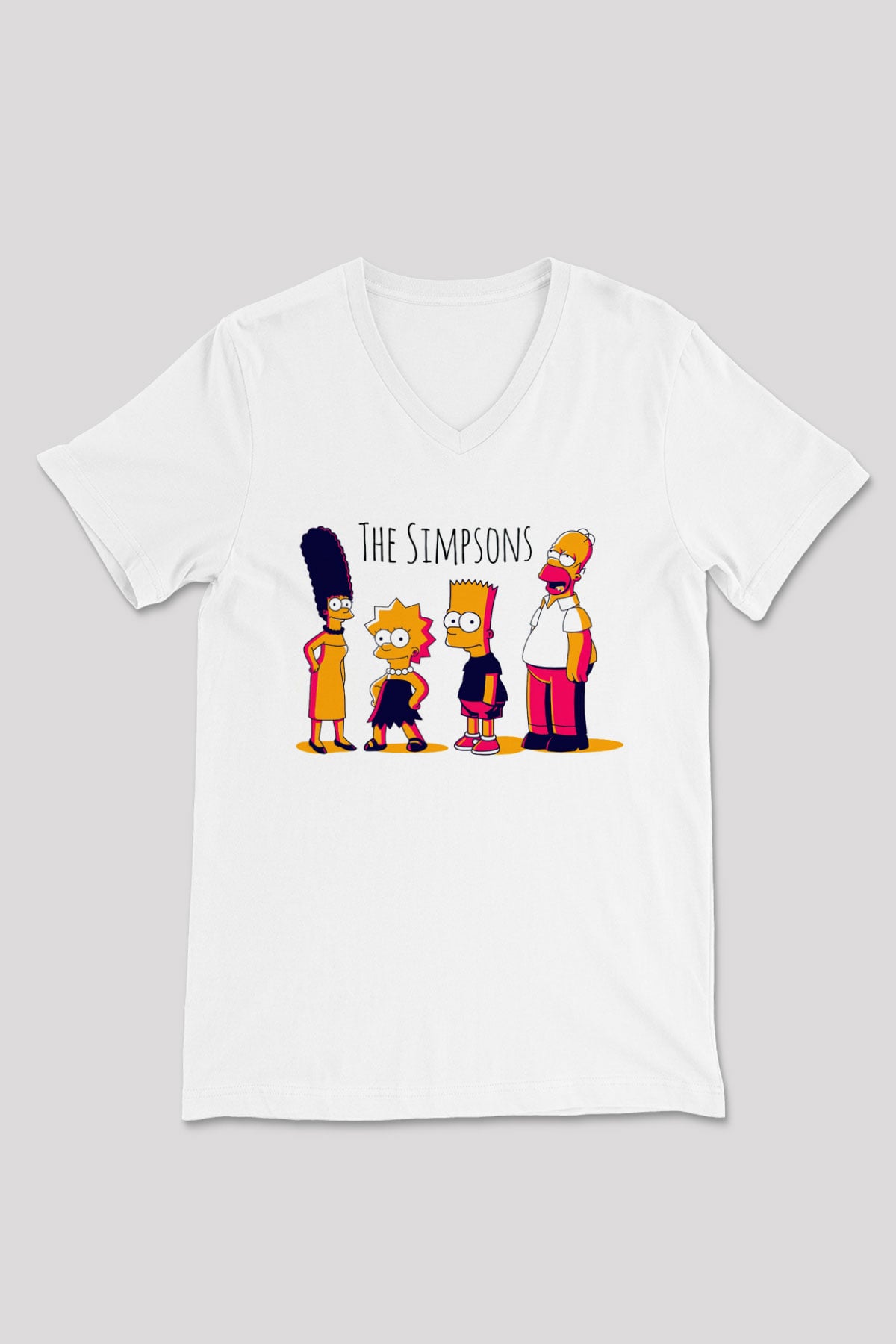 Simpsons Beyaz Unisex V Yaka Tişört