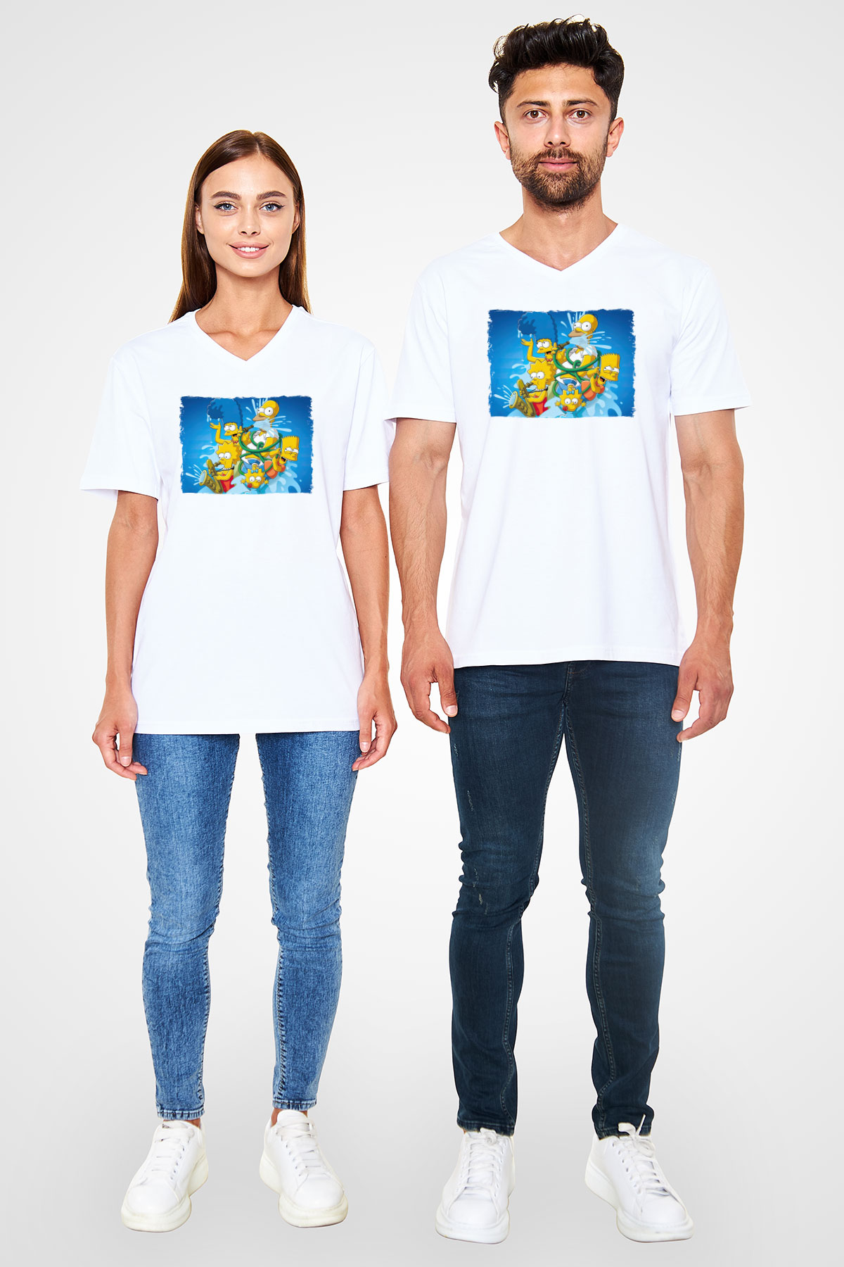 Simpsons Beyaz Unisex V Yaka Tişört