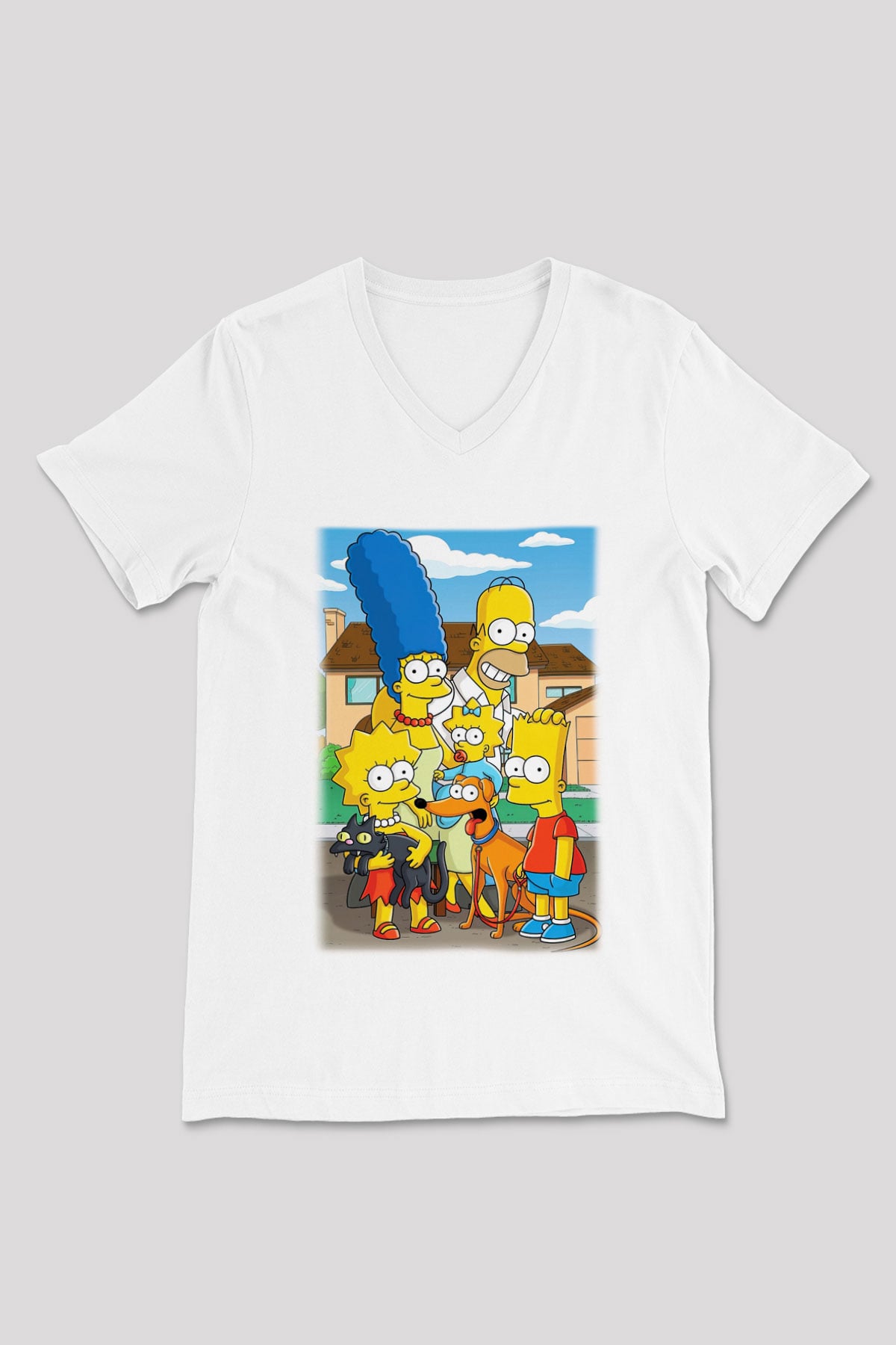 Simpsons Beyaz Unisex V Yaka Tişört T-Shirt