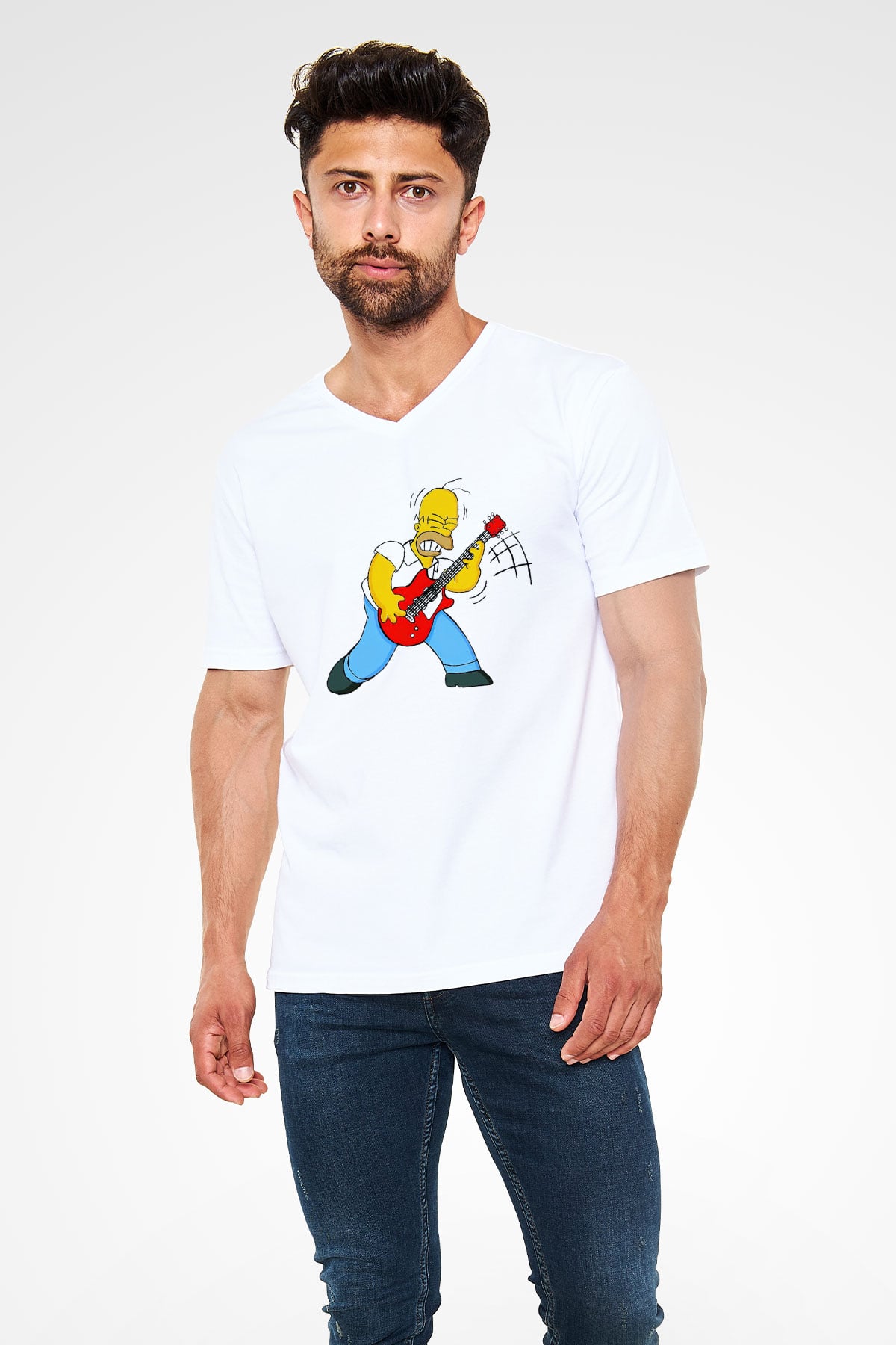 Simpsons Beyaz Unisex V Yaka Tişört T-Shirt