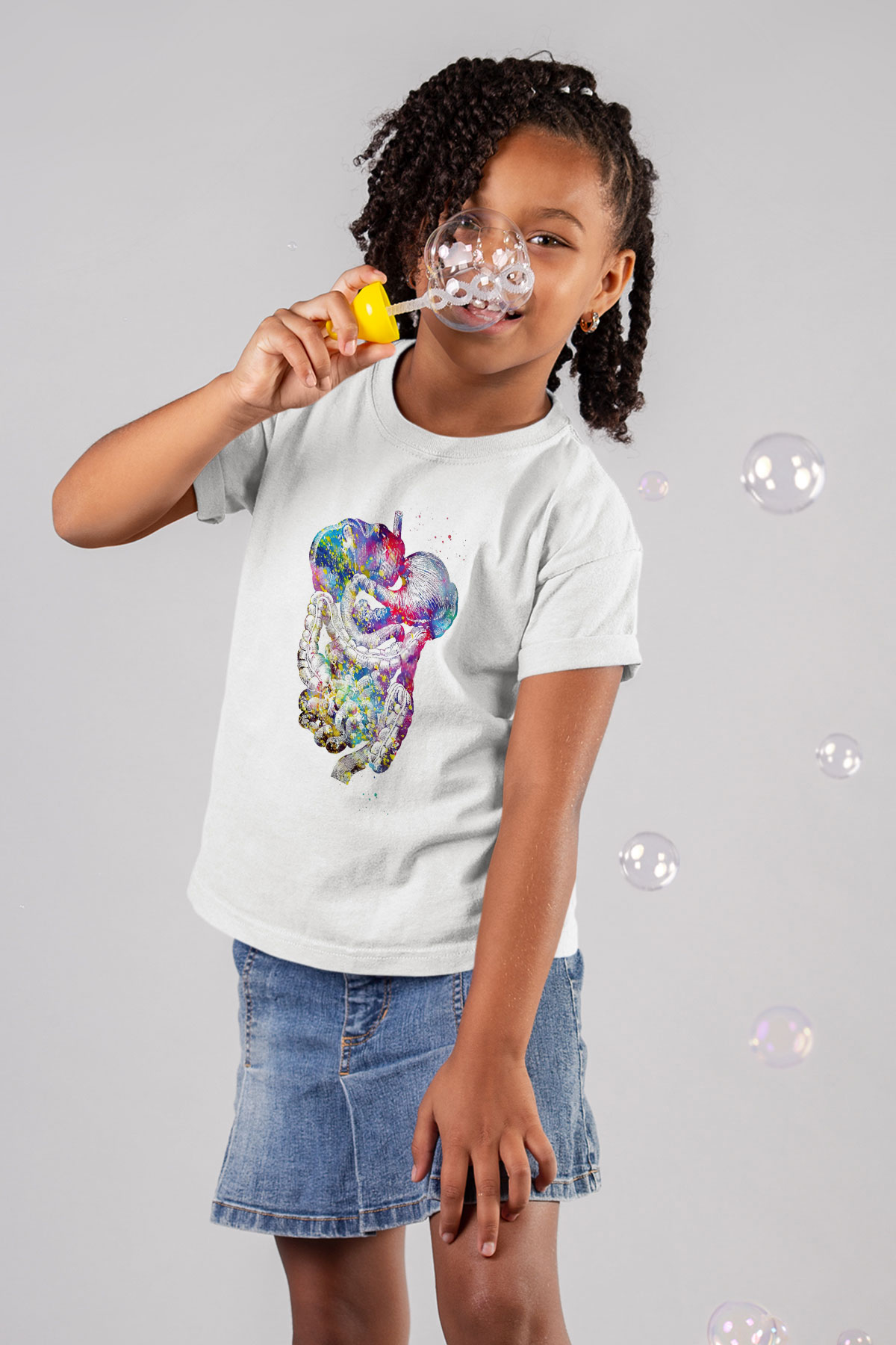 Sindirim Sistemi Renkli Baskılı Unisex Beyaz Çocuk Tişörtü - Tshirt