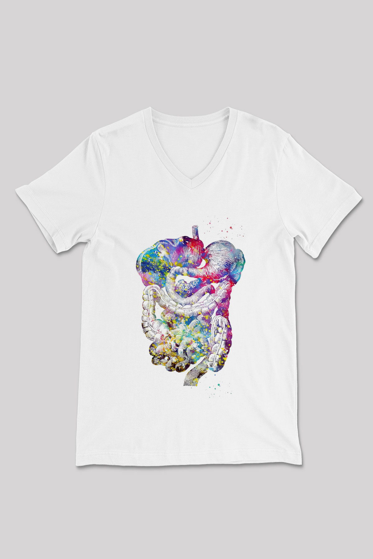 Sindirim Sistemi Renkli Baskılı Unisex V Yaka Beyaz Tişört - Tshirt