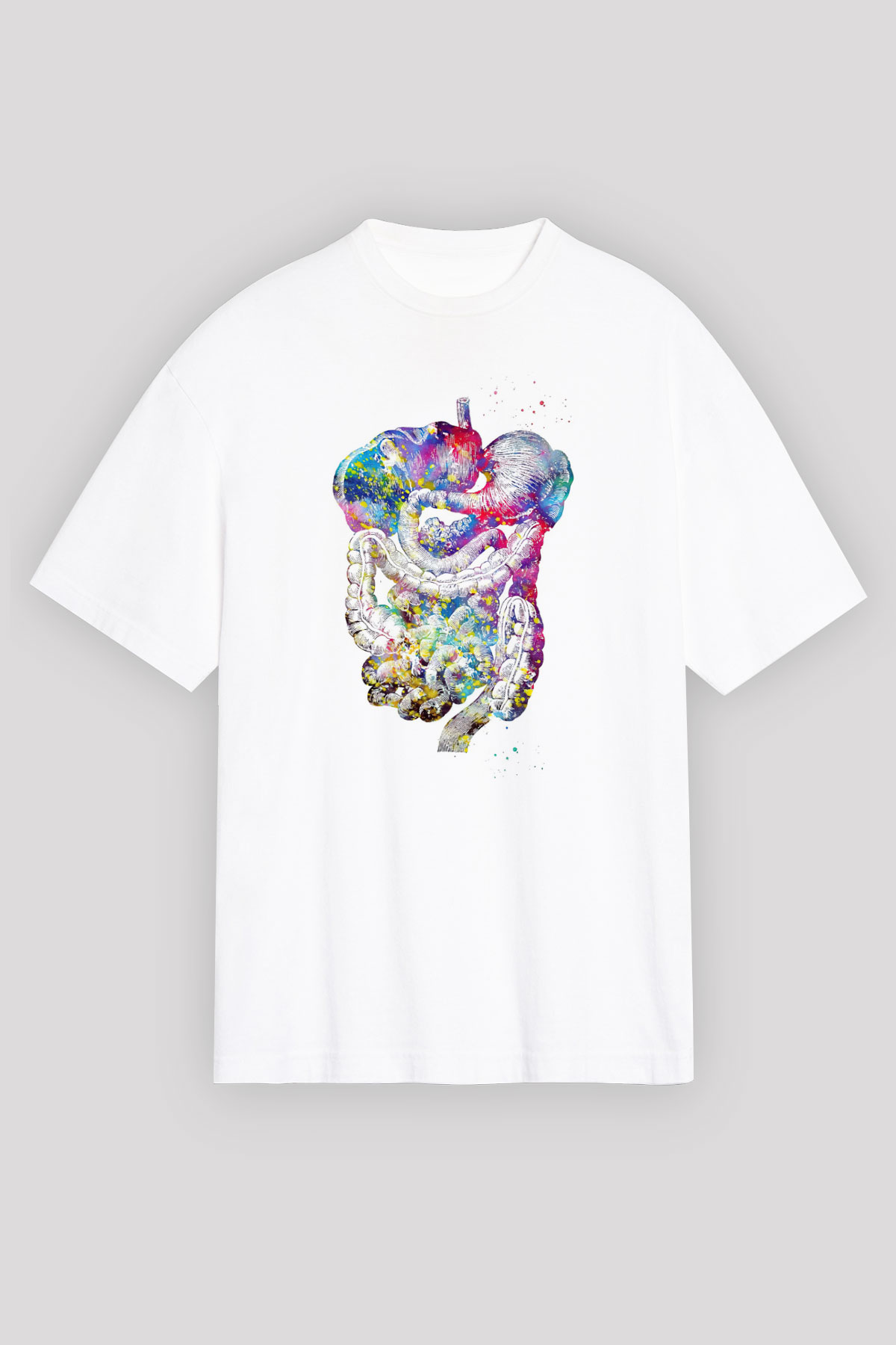 Sindirim Sistemi Renkli Baskılı Unisex Oversize Beyaz Tişört - Tshirt
