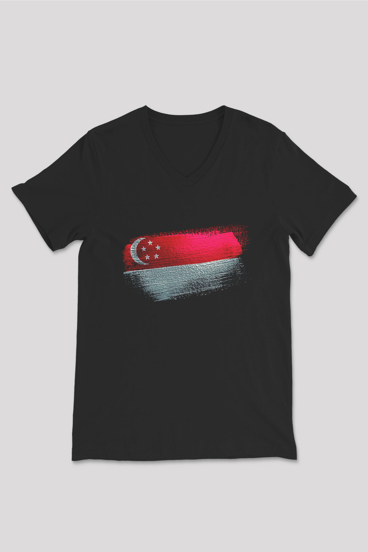 Singapur - Singapore Bayrağı Baskılı Unisex Siyah V Yaka Tişört