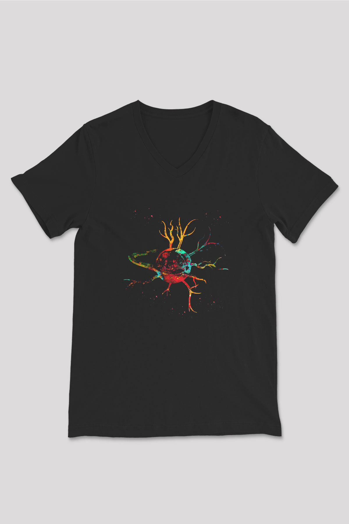 Sinir Hücresi Renkli Baskılı Unisex V Yaka Siyah Tİşört - Tshirt